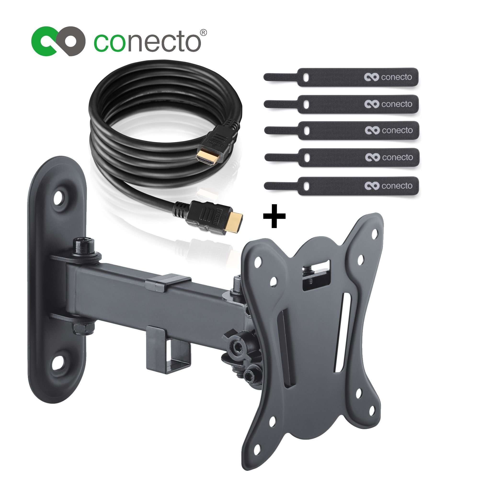 conecto TV-Wandhalterung TV Wandhalter für LCD LED Fernseher & Monitor, (bis 27 Zoll, inklusive HDMI-Kabel und Klett-Kabelbinder, neigbar, schwenkbar)