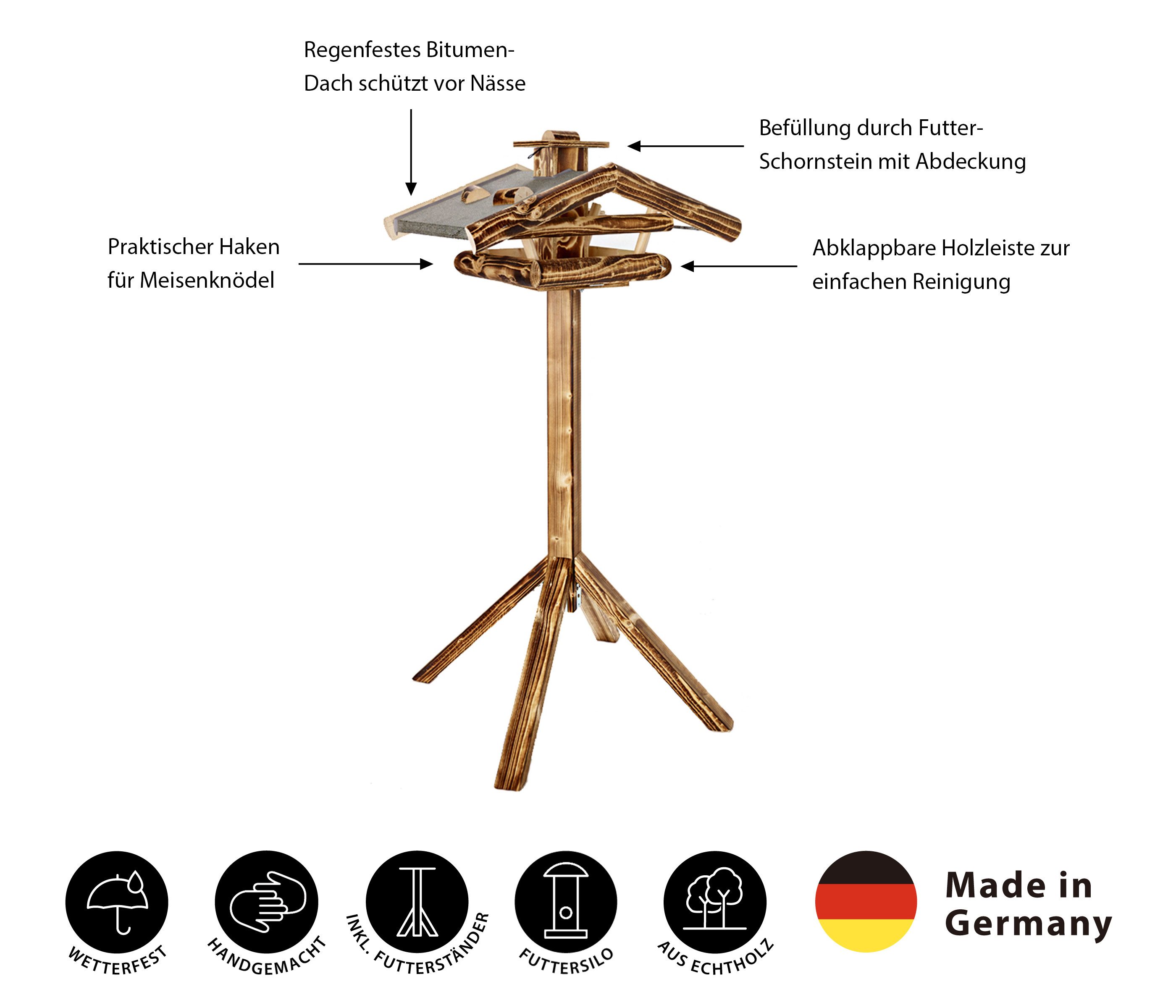 Dehner Vogelhaus Natura Wildvogel-Futterhaus Watzmann inkl. Ständer, 55 x 40 x 23 cm, hochwertiges Vogelhaus aus Fichte, geflammte Optik