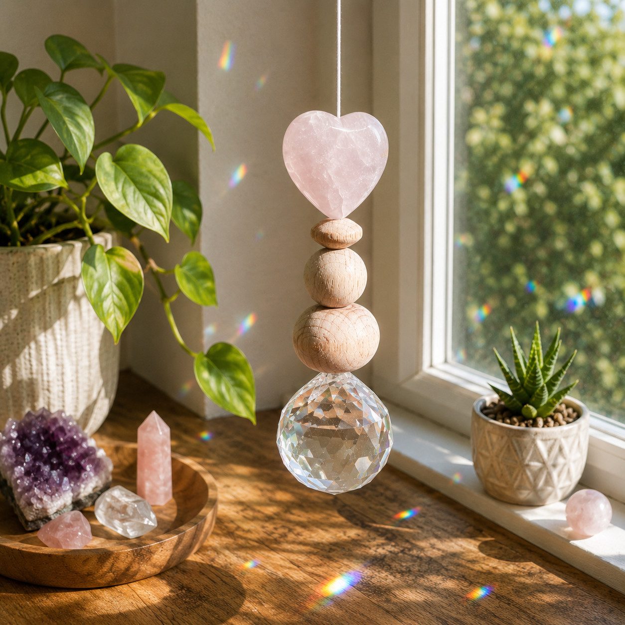 Karmandala Fensterdekoration Kristall Sonnenfänger mit Edelstein Windspiel Regenbogen Lichtfänger, echte Rosenquarz Edelsteine für Liebe, Harmonie und Verbunden – Bild 5 von 5