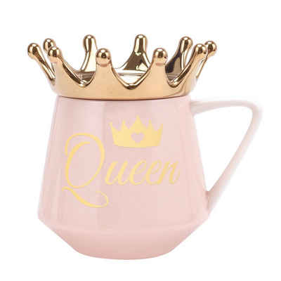 COFFEE LOVER Tasse Queen, Rosa mit Gold Krone als Deckel, Keramik, 350ml, stylische coole Statement Tasse Königinnen, Geschenk Freundin