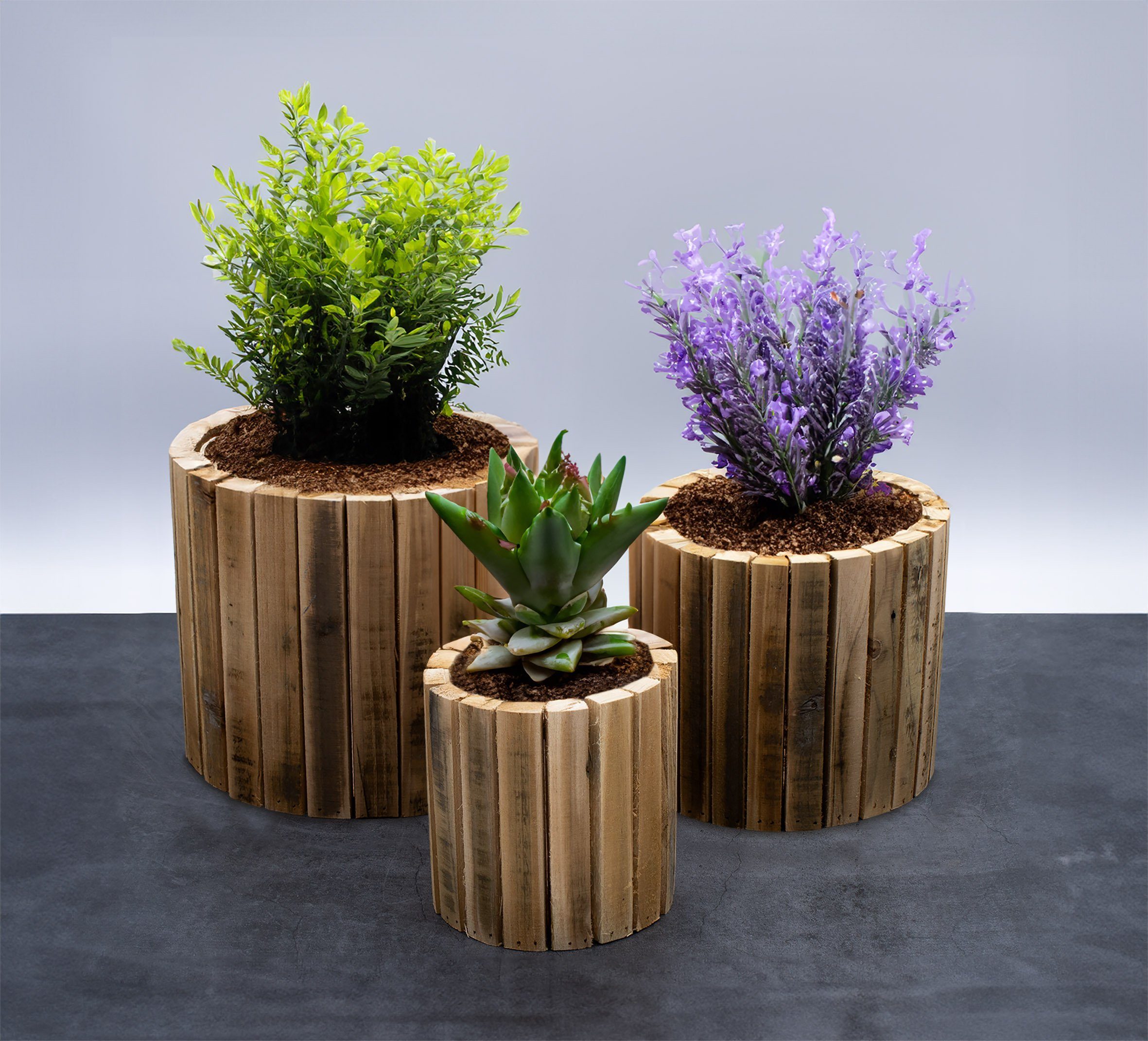 Spetebo Blumentopf Holz Pflanztopf im 3er Set - 23 / 20 / 14 cm (Set, 1 St., 3er), Blumentopf Übertopf mit Folie