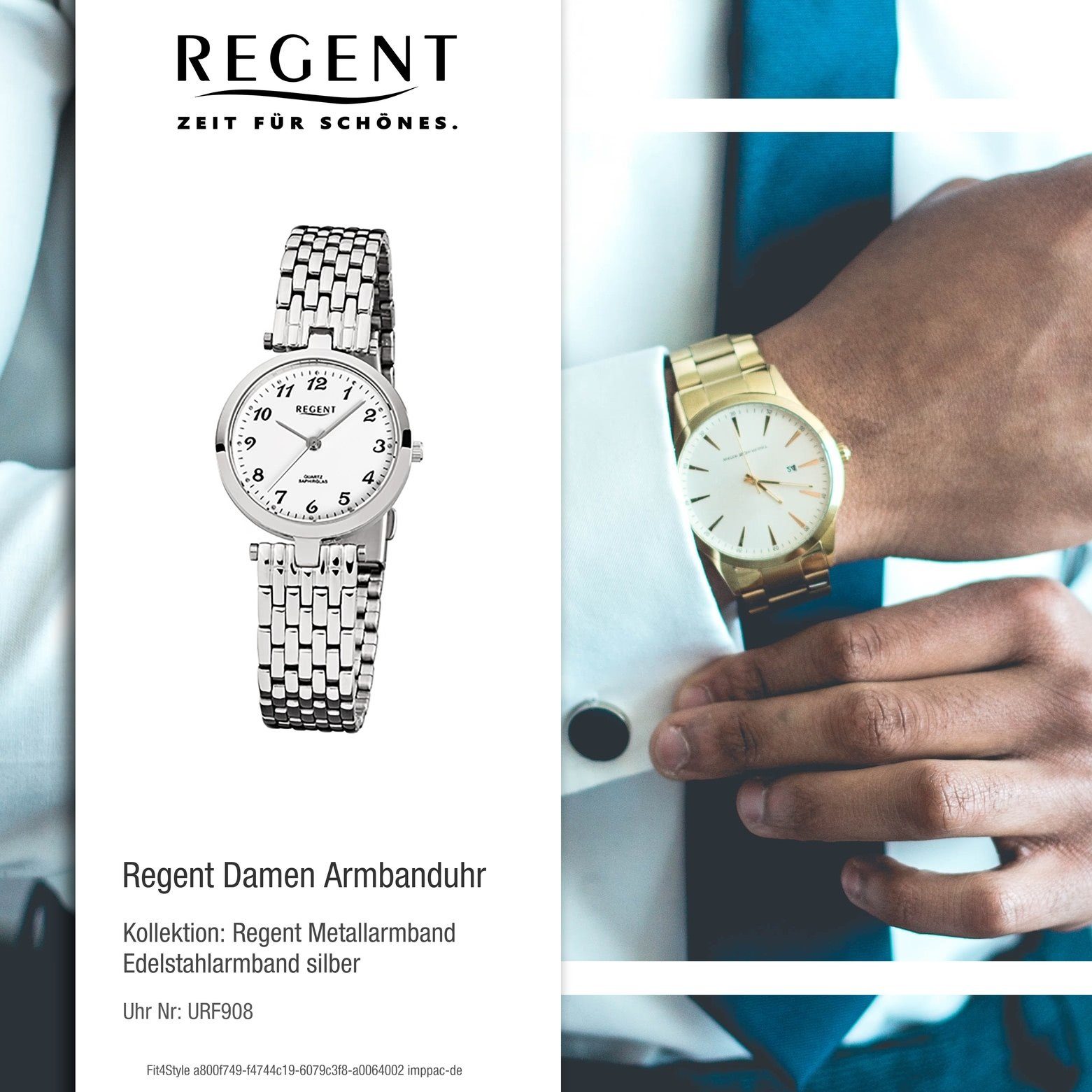 Regent Quarzuhr Damen F-908, silber (ca. rund, Armbanduhr Regent Analog Damen-Armbanduhr klein 28mm), Edelstahlarmband