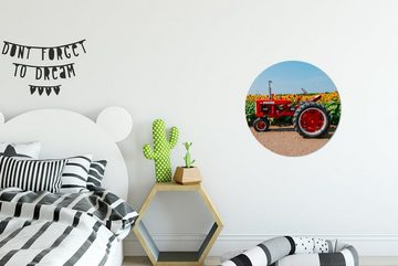 MuchoWow Gemälde Traktor - Rot - Sonnenblume - Bauernhof - Blumen, (1 St), Kreis Wanddekoration Forex, Rundes Wandbild, Wohnzimmer, 30x30 cm