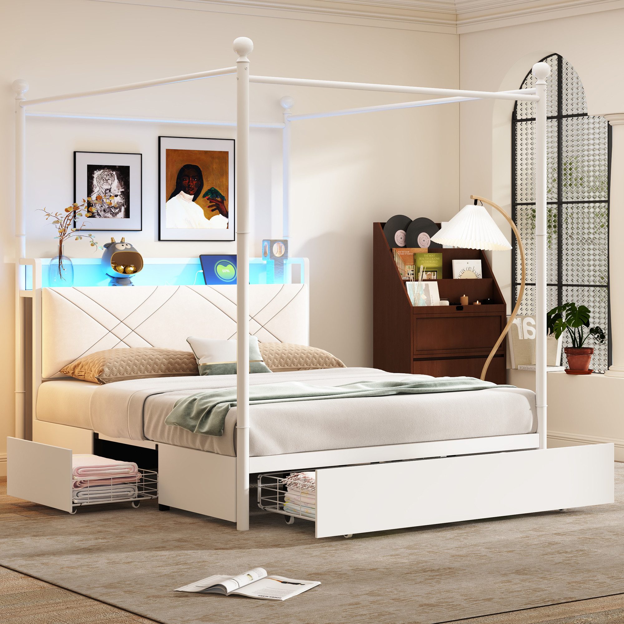 Celya Himmelbett Multifunktionales Doppelbett Jugendbett (ohne Matratze, mit abnehmbaren Bettpfosten mit LED, USB undType-C, mit Stauraum), ideal für moderne Schlafzimmer, Jugendzimmer oder kompakte Wohnungen