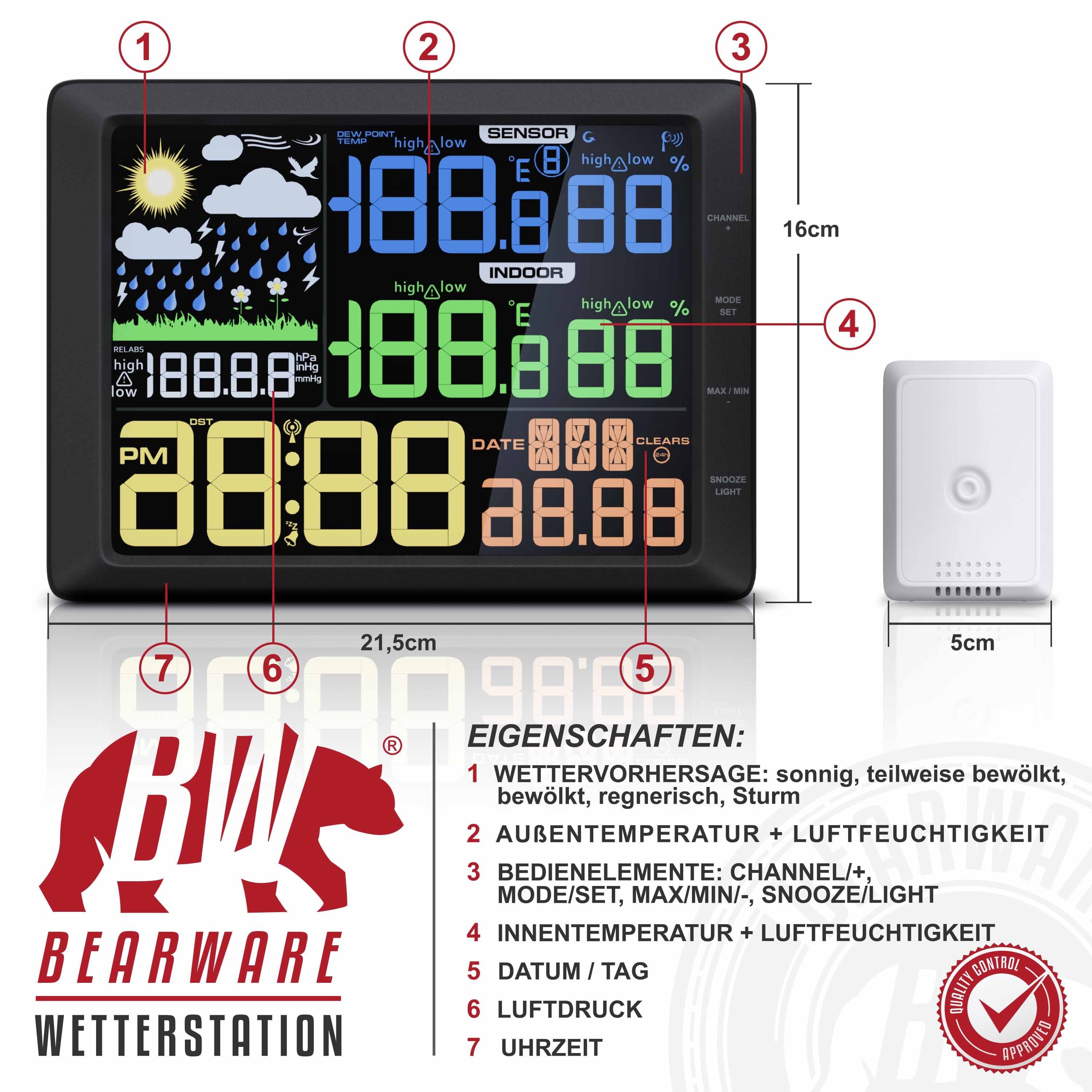 Farbdisplay, LCD Wetterstation Luftdruck, (mit Temperatur uvm) Wettervorhersage, Außensensor, BEARWARE