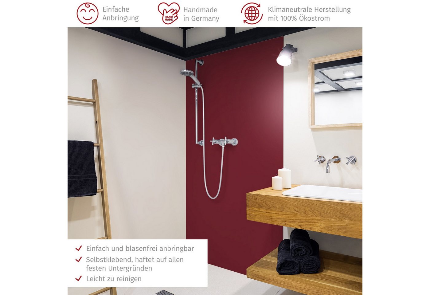 Thumbnail - Bilderdepot24 Badrückwand einfarbig rot Duschrückwand ohne Bohren Dusche, (1-tlg., Hart-Folie Premium matt 0,61 mm), fug...