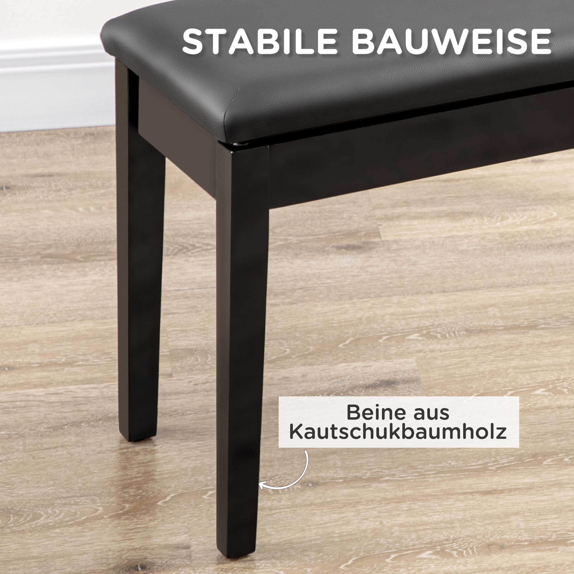 OKWISH Polsterbank Hocker 75x35x49 cm in Schwarz mit Lederkissen, Holz, Kunstleder (Packung, 1-St., Höhenverstellbar mit Stauraum für Noten & Zubehör), Praktische Pianobank für Musiker & Heimstudio, stabil & komfortabel