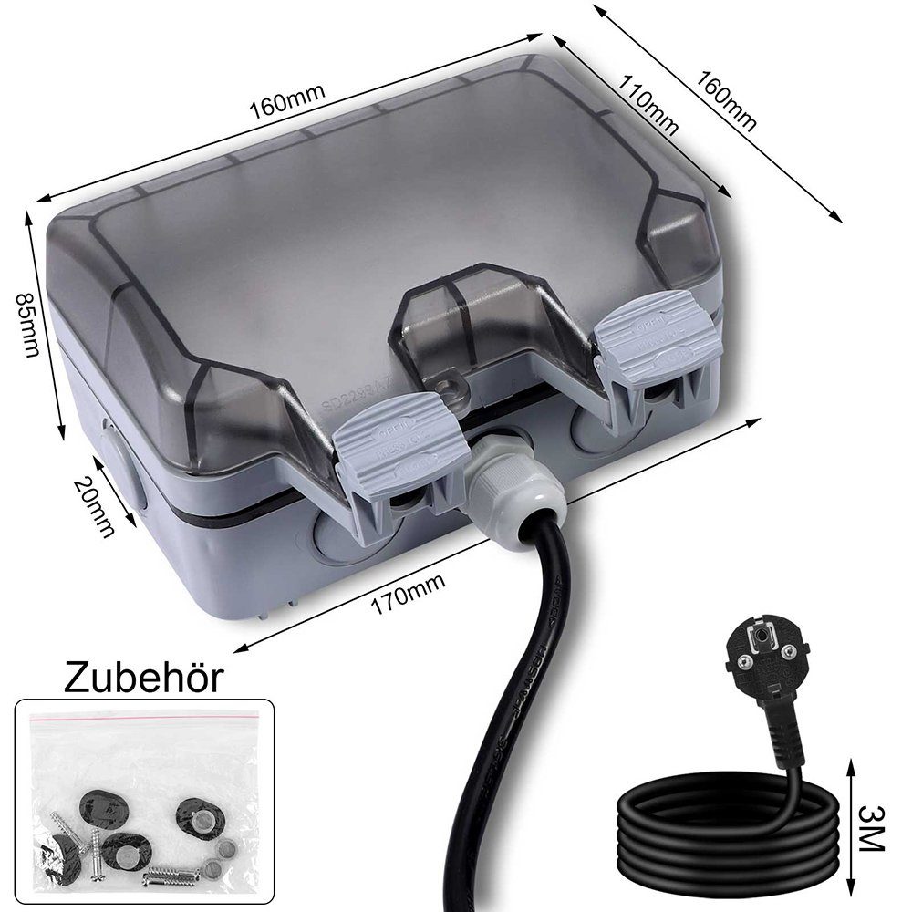 Wasserdicht, Gartensteckdose Verlängerungskabel Box, mit set, Außensteckdosen, Sunicol Für 3M/5M/6M/10M Garten, Kabel IP66 16A,Stecker Wandsteckdose