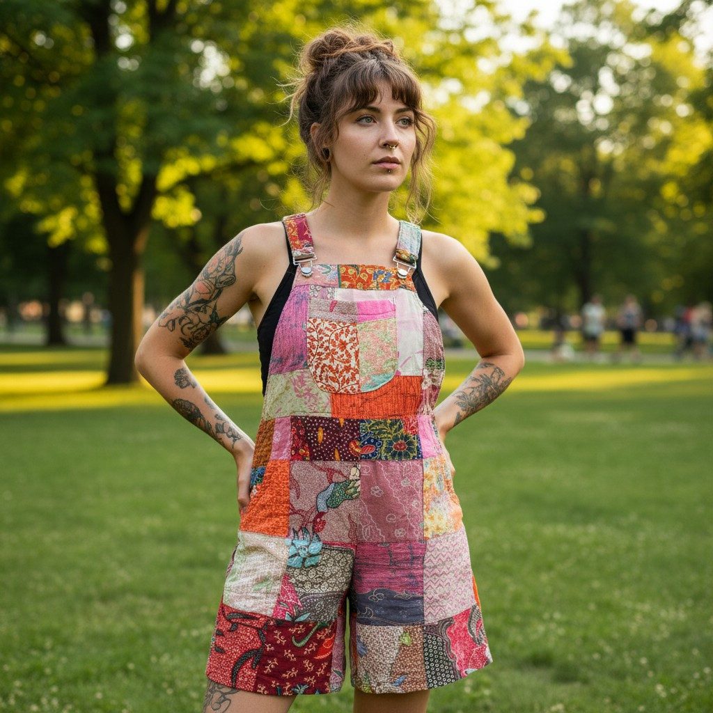Guru-Shop Hose & Shorts Goa Shorts, kurze Patchwork Latzhose, upcycling.. alternative Bekleidung