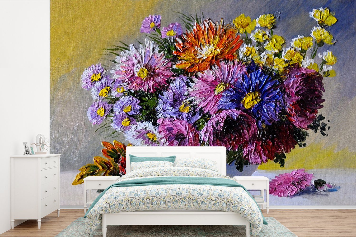 MuchoWow Fototapete Ölfarbe - Blumen - Stilleben, Matt, bedruckt, (6 St), Wallpaper für Wohnzimmer, Schlafzimmer, Kinderzimmer, Vinyl Tapete