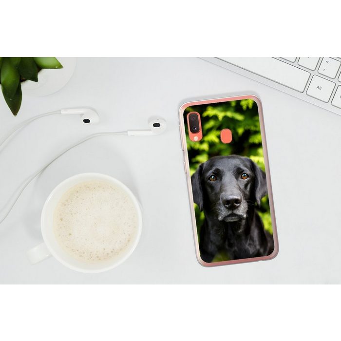 MuchoWow Handyhülle Ein schwarzer Labrador Retriever inmitten der grünen Blätter Handyhülle Samsung Galaxy A20e Smartphone-Bumper Print Handy QR11083