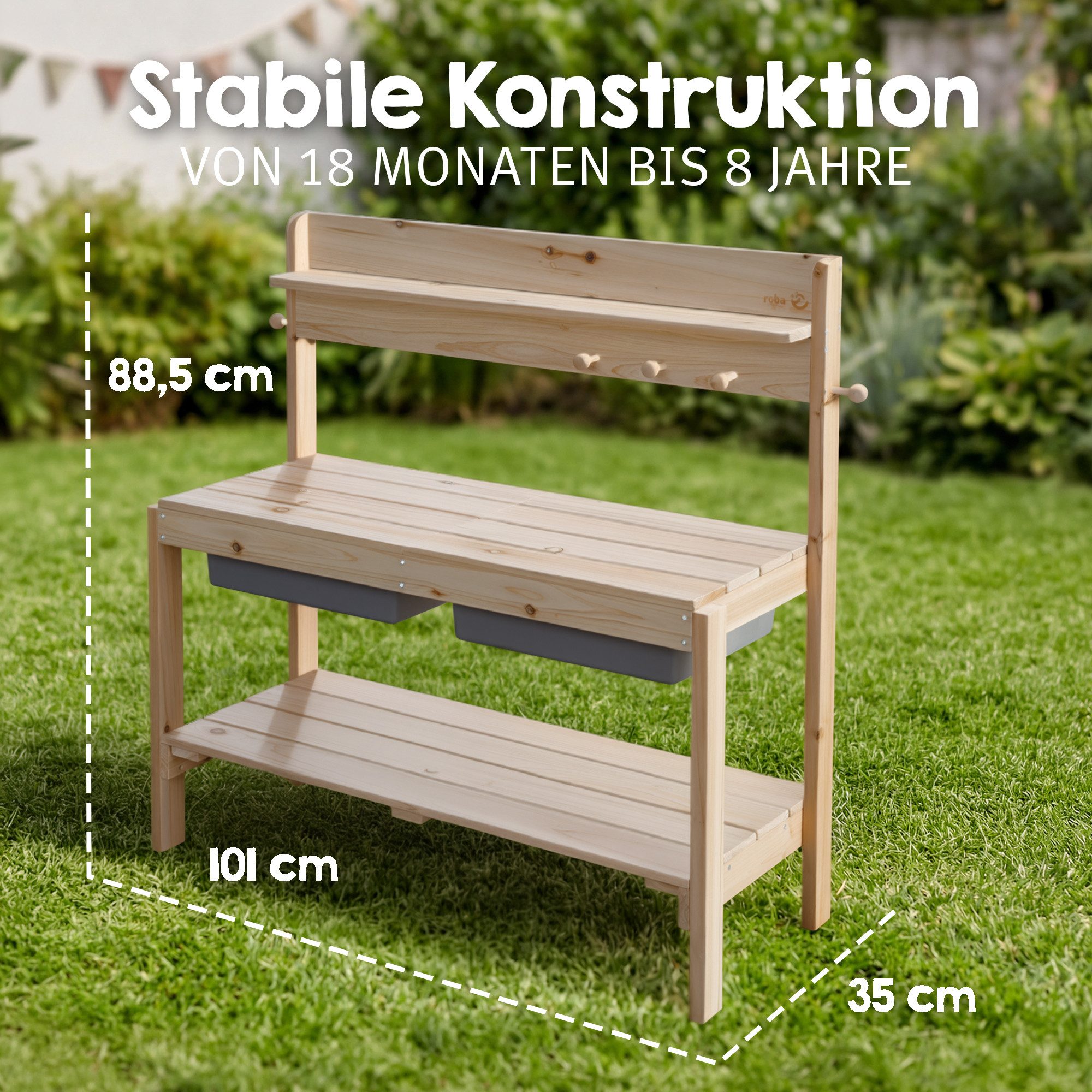 roba® Outdoor-Spielküche FUN Massivholz, Kinderküche mit abnehmbarer Abdeckung und Spielwanne