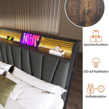 Ulife Polsterbett Metallbett Doppelbett mit aufladen USB Ladefunktion Kopfteil, LED-Beleuchtung, 140x200cm