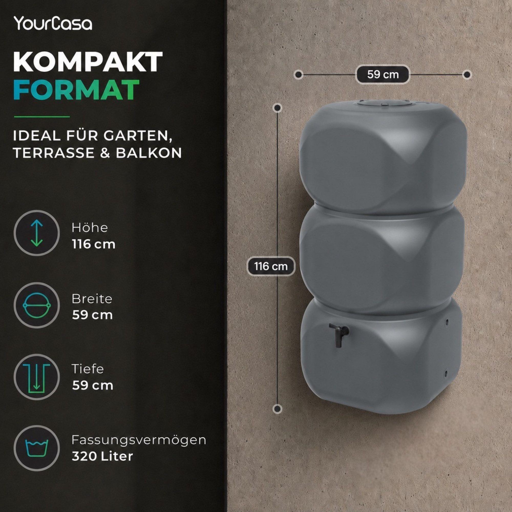 YourCasa Regentonne 320 -350 Liter [Aquablock] Regenfass aus Kunststoff mit Deckel, 320 l, 58x58x118cm, mit Deckel, 5 Anschlüsse