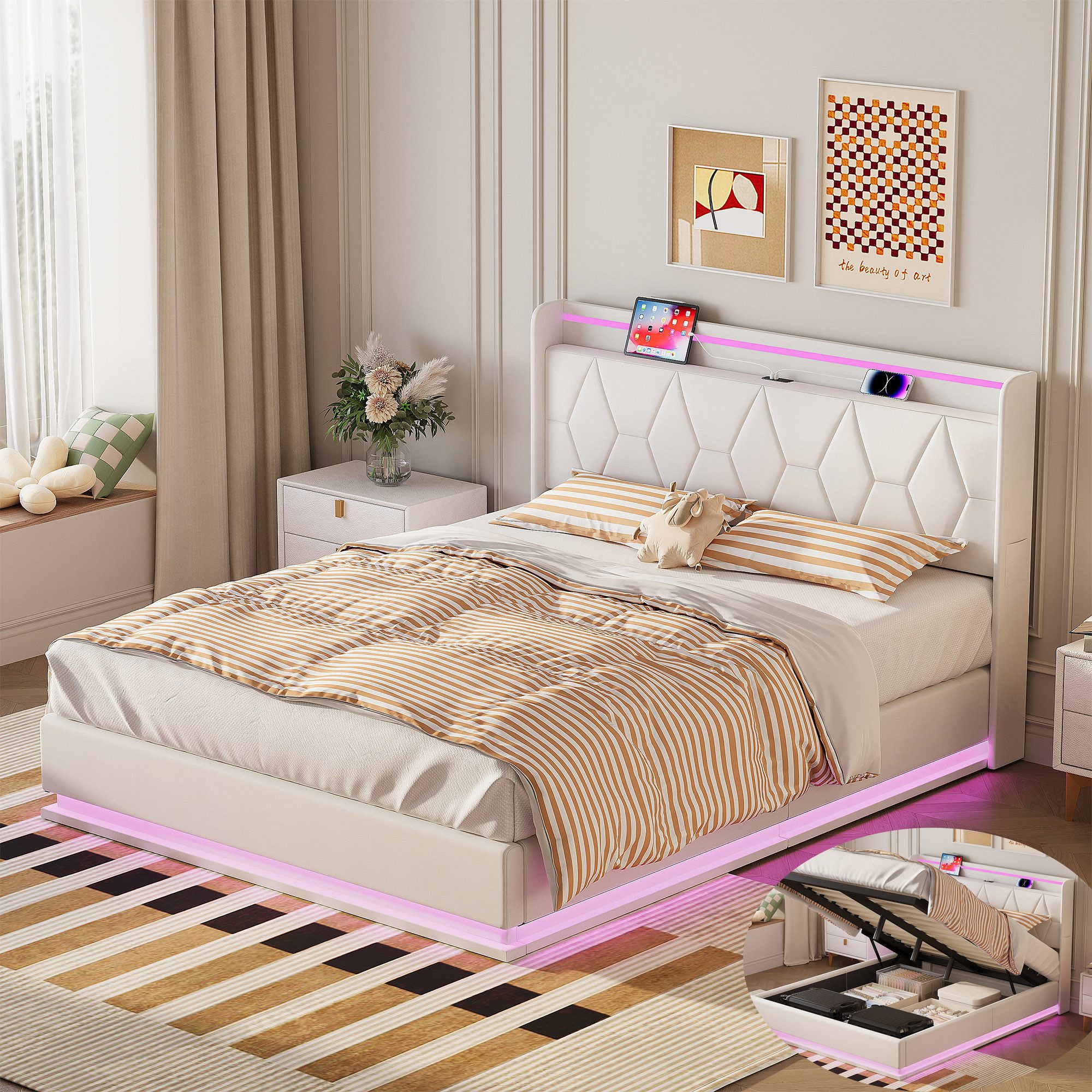 PXloue Polsterbett LED hydraulisches Doppelbett, Stauraumbett,mit Lattenros günstig online kaufen