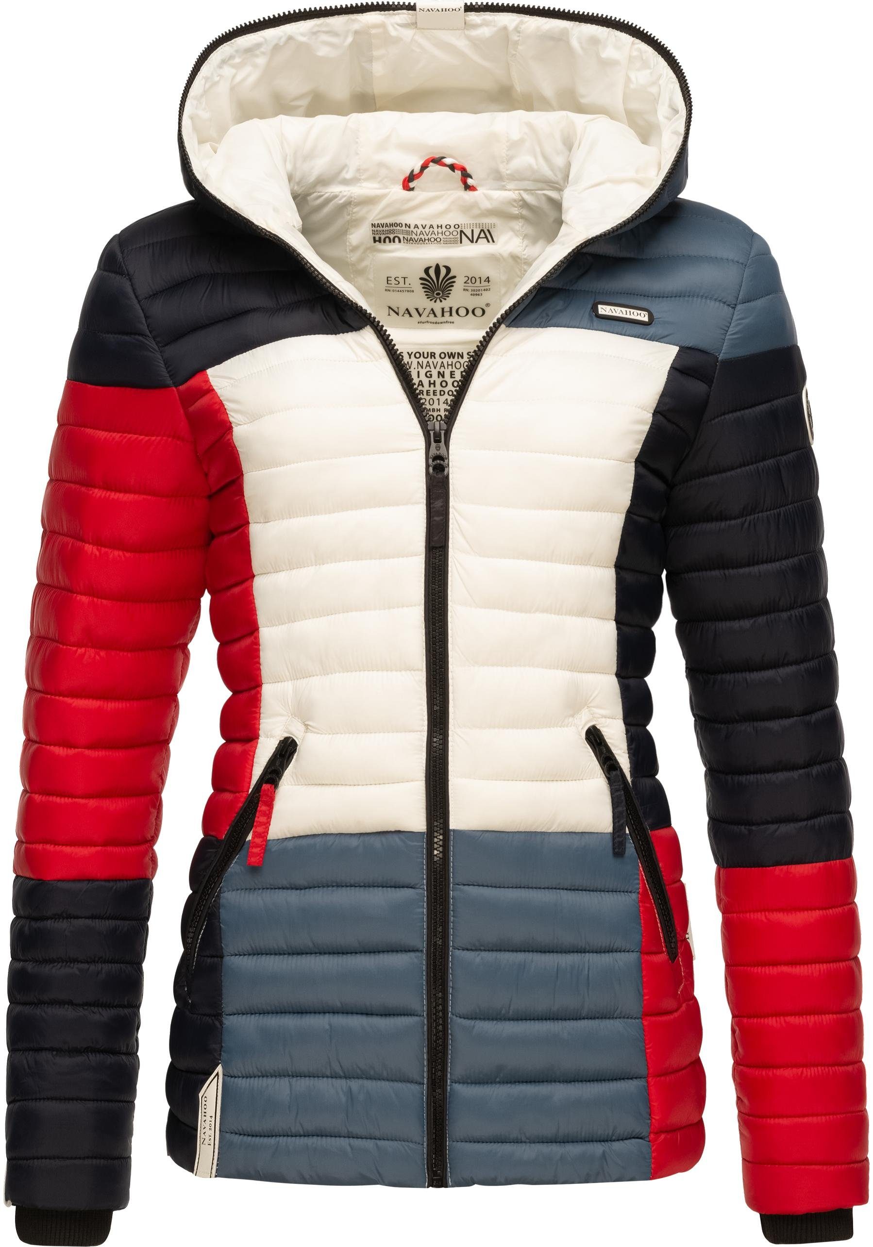 Navahoo Steppjacke blau Übergangsjacke m. Multikulti stylische Colorblocking Kapuze