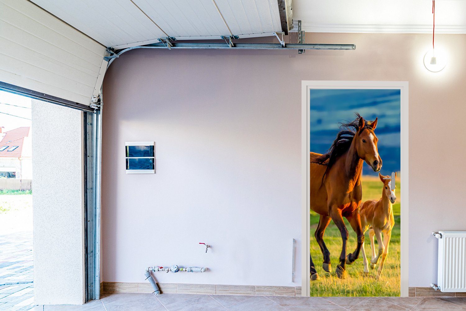 bedruckt, Pferde cm Gras Matt, Türaufkleber, Landschaft Tür, 75x205 Natur, St), - für Tiere - Türtapete - MuchoWow (1 Fototapete -