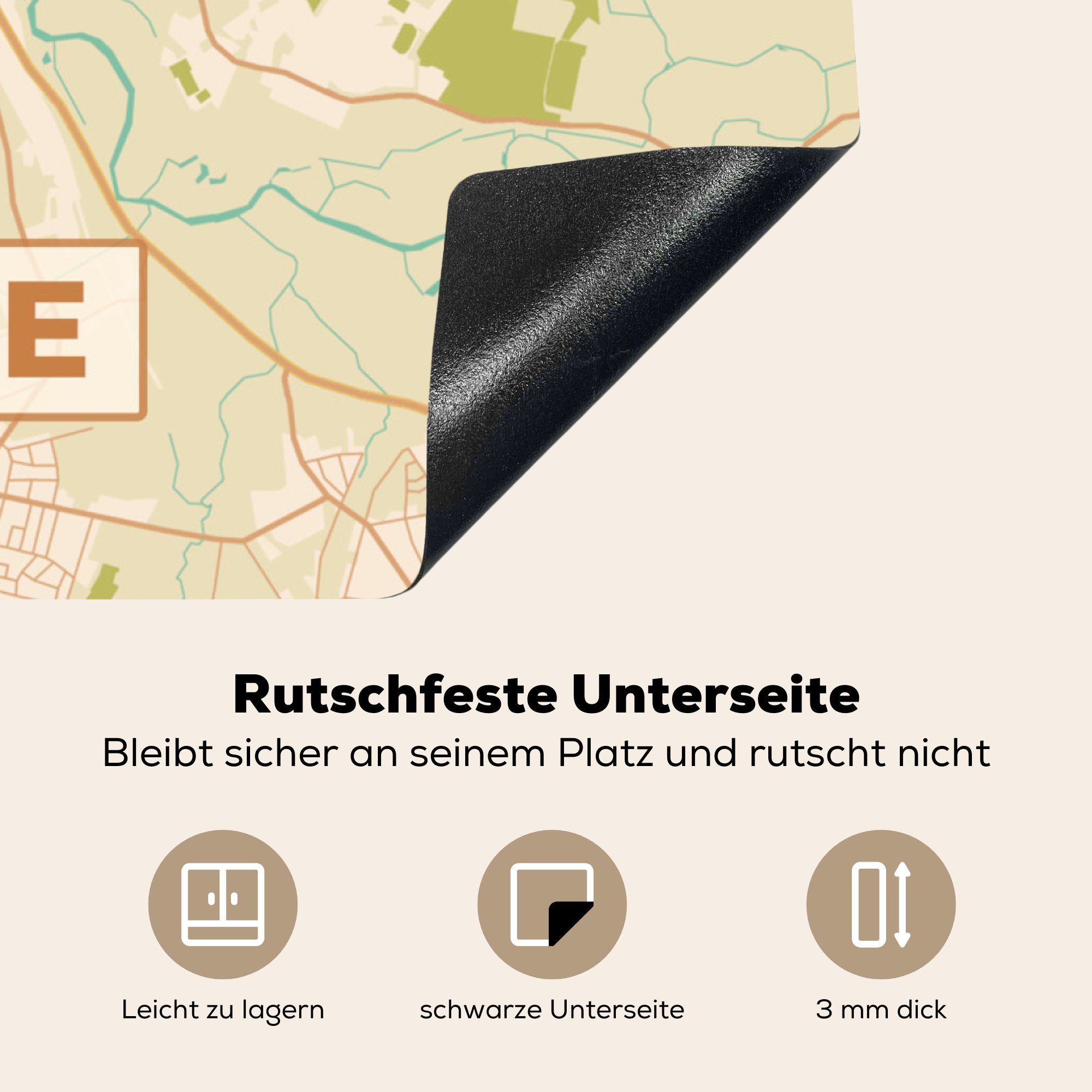 (1 - cm, für Arbeitsplatte Rheine tlg), Herdblende-/Abdeckplatte Ceranfeldabdeckung, - Vintage 78x78 - Stadtplan, küche Karte Vinyl, MuchoWow