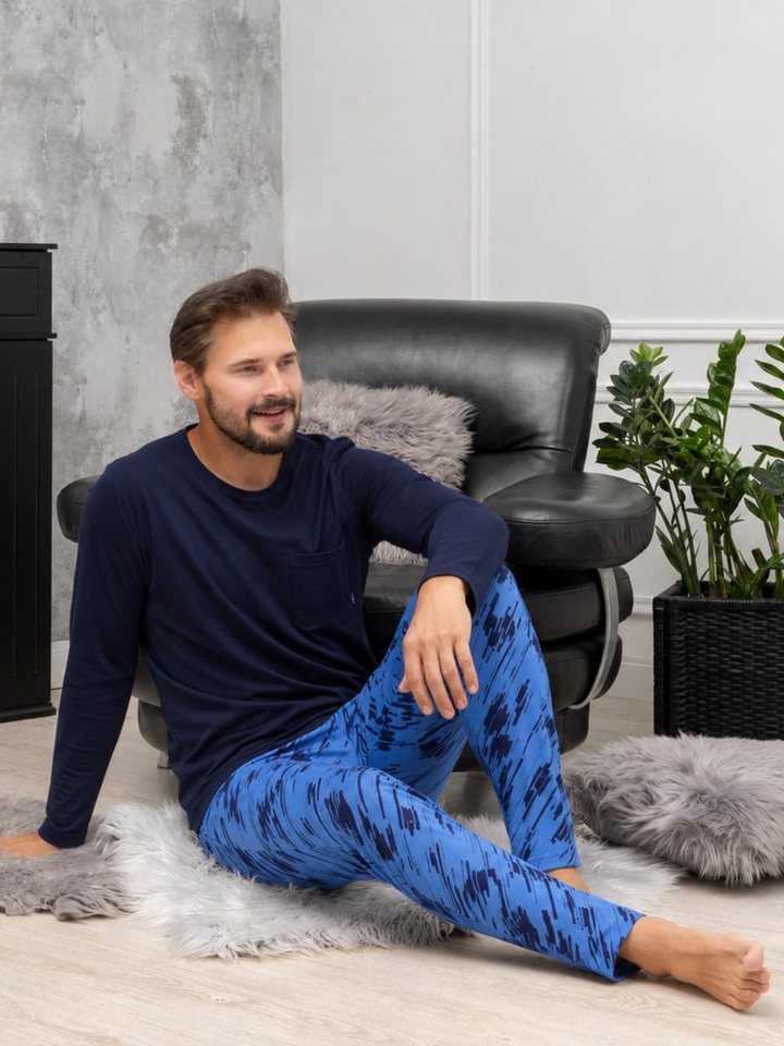 HOTBERG Pyjama Schlafanzug Herren lang (2 tlg) mit Print-Hose – Baumwolle Marine-Blau