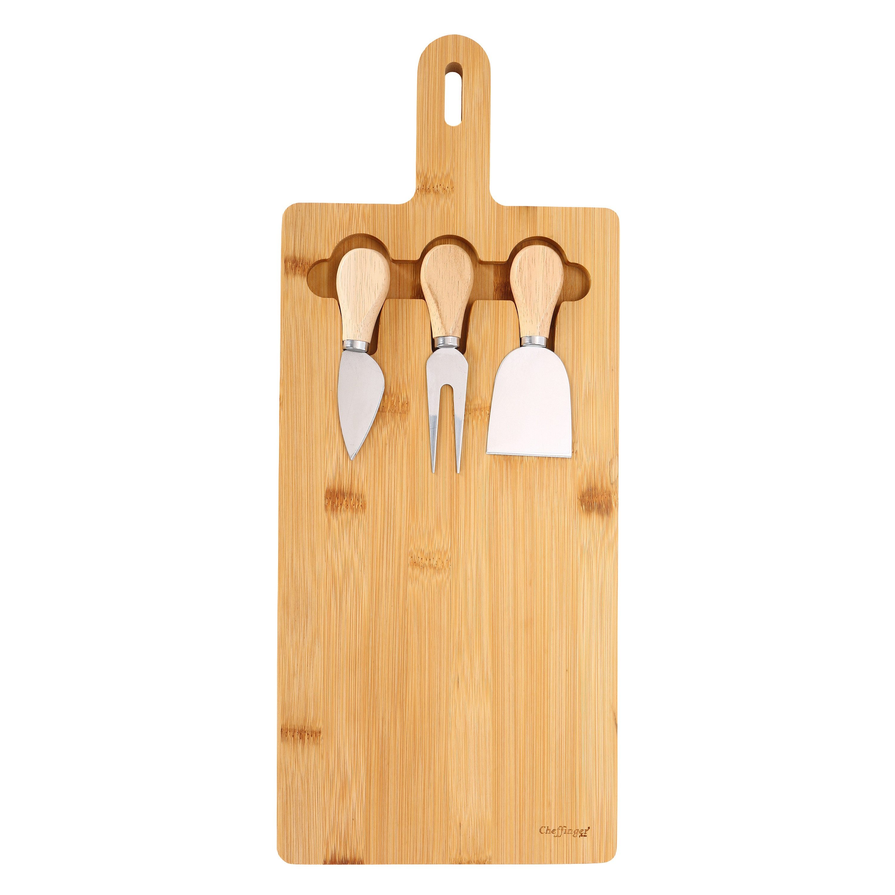 Cheffinger Schneidebrett Käsebrett Käse Set 4-tlg Käsemesser Käsegabel Schneidebrett