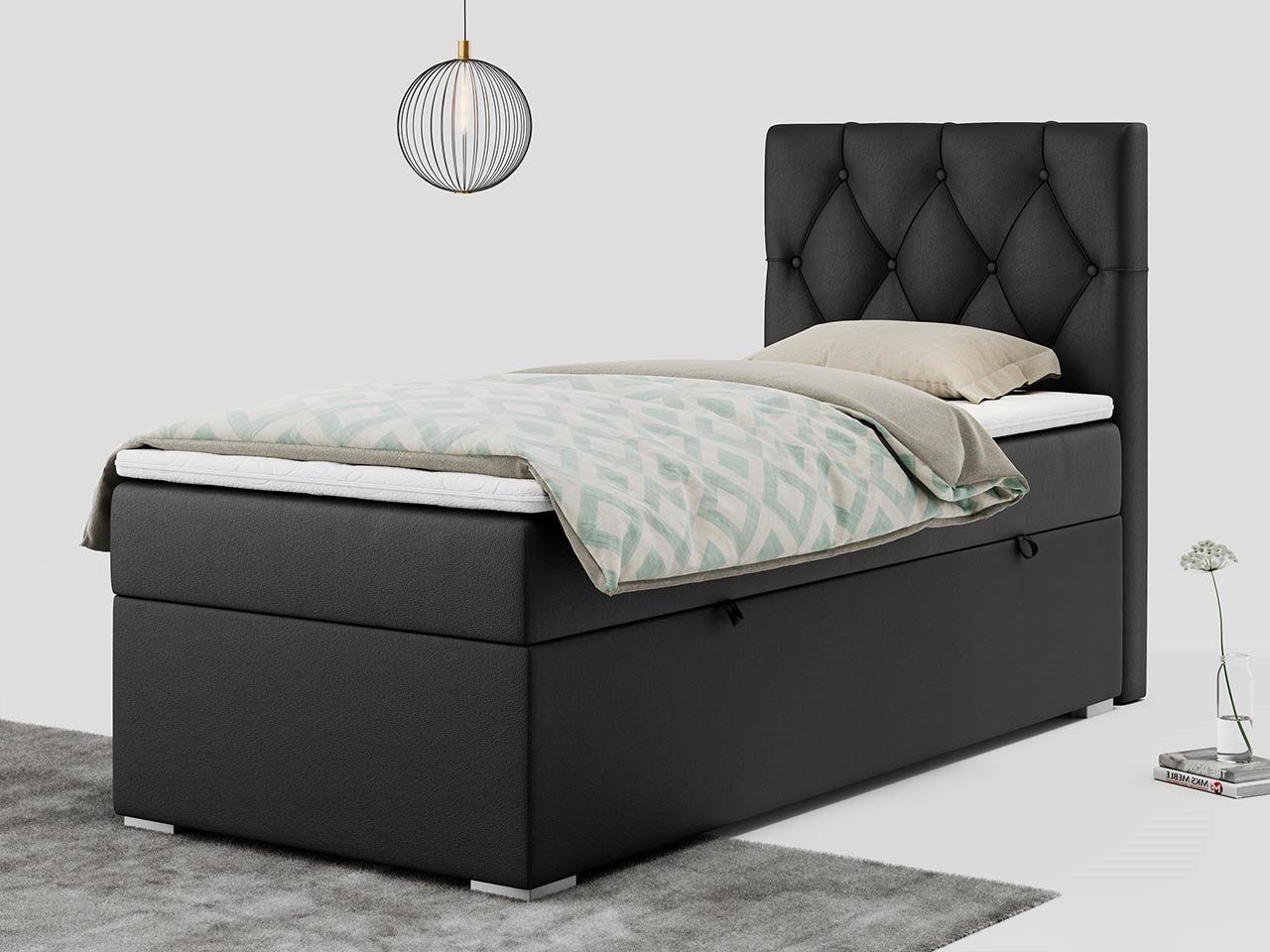 MKS MÖBEL Boxspringbett ALDA, Einzelbett mit gestepptem Kopfteil und einem Bettkasten, 90x200