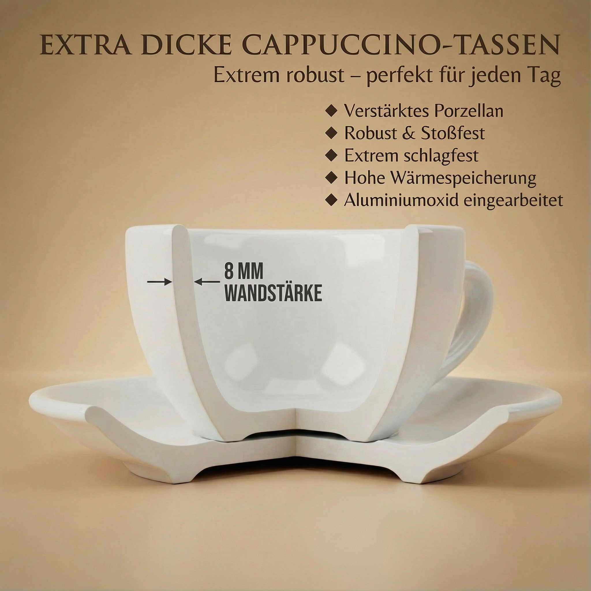 MUVELL Cappuccinotasse 6er Cappuccino-Set "VERONA" Tasse 200ml + Untertasse, weiß, 6-tlg., Keramik, 200 ml Weiß mit weißen Rand und Innenfläche