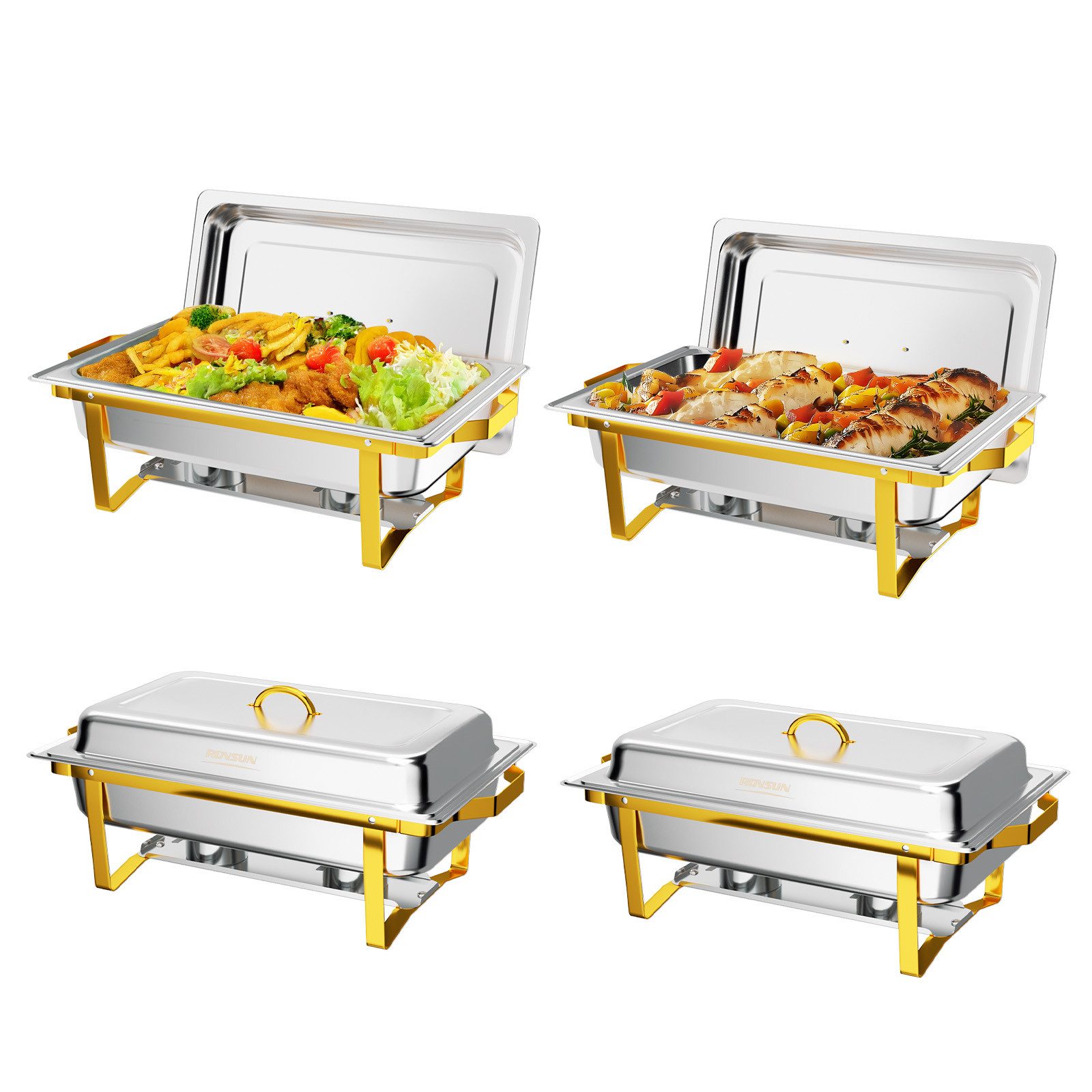 VINGLI Stövchen Speisenwärmer 9L Warmhaltebehälter Speisebehälter, Chafing Dish, (4-tlg), aus Edelstahl, mit Rollrand & Scharnierverschluss & faltbaren Gestell