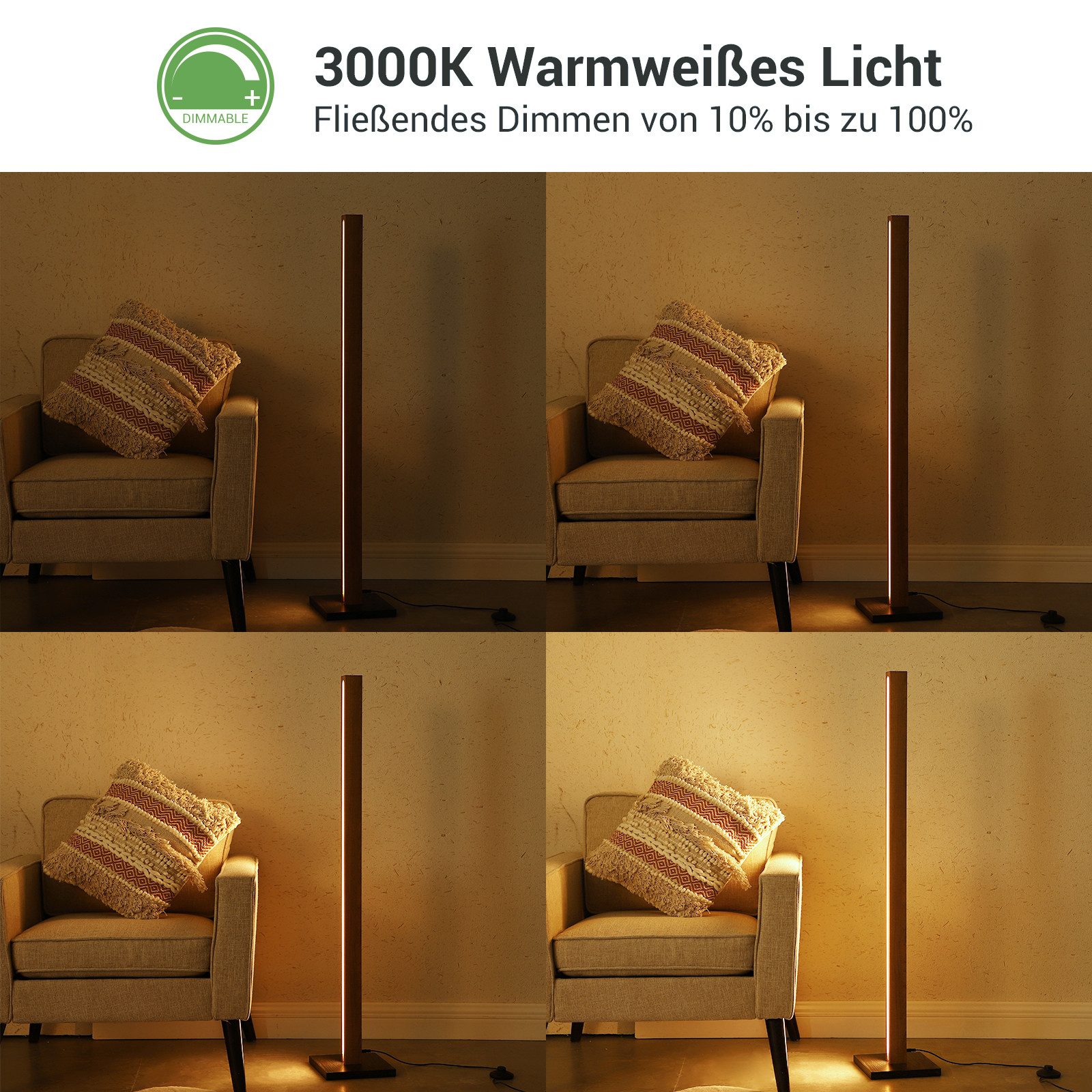 EDISHINE LED Stehlampe Holz, Stehleuchte Dimmbar, LED fest integriert, Warmweiß, Eckelampe mit Fußschalter