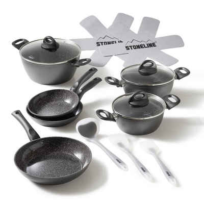 STONELINE Topf-Set, Aluminium, Keramik (Kochgeschirr-Set, 14-tlg., Kochgeschirr-Set, 3x Kochtopf, 3x Bratpfanne, 3x Glasdeckel, Zubehör), mit echten Steinpartikeln, induktionsgeeignet, Designed in Germany