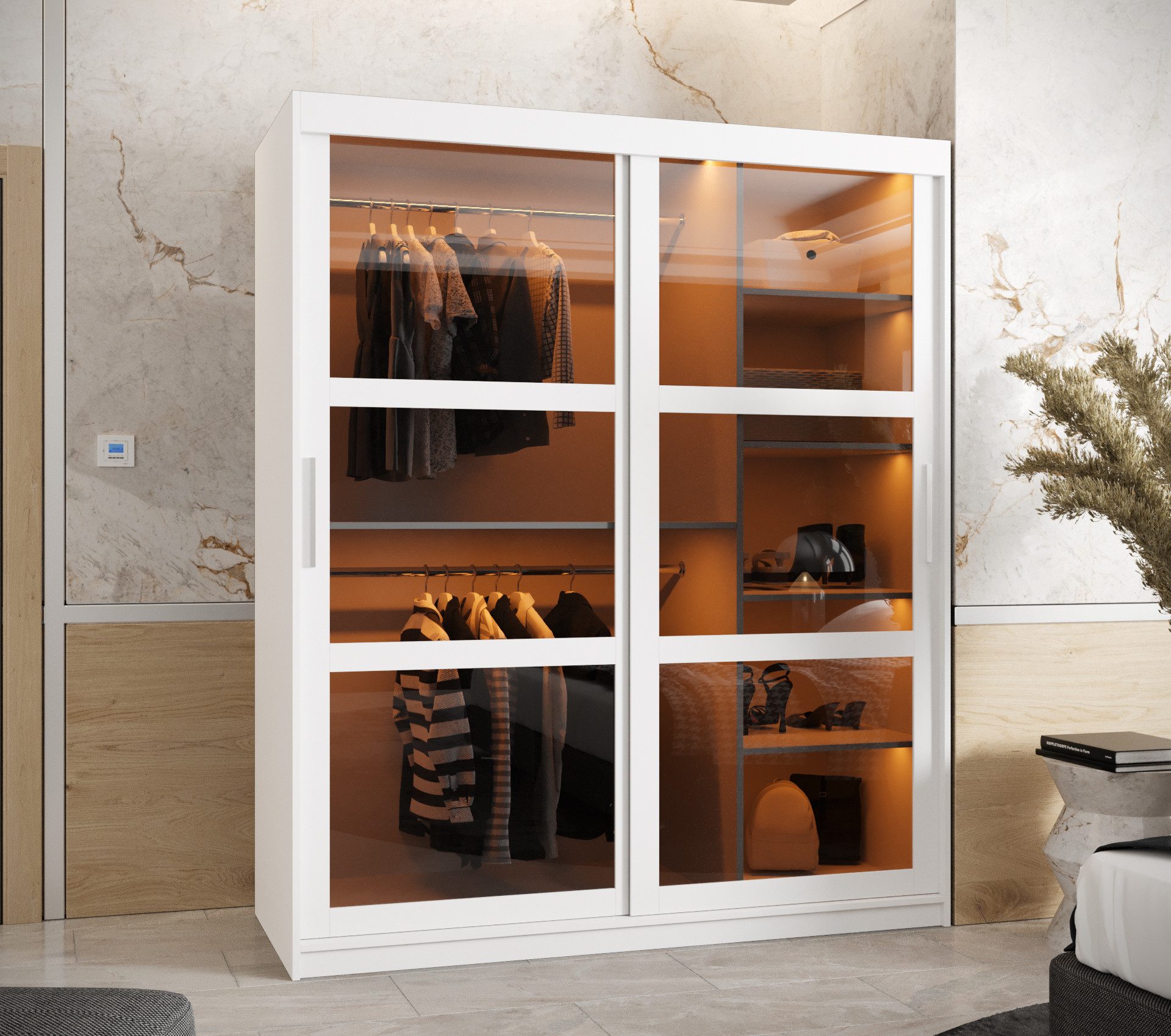 MOEBLO Schiebetürenschrank DEMO mit LED (Kleiderschrank Schwebetürenschrank 2-türig Schrank mit vielen Einlegeböden und Kleiderstange mit LED Gaderobe Schiebtüren Schlafzimmer- Wohnzimmerschrank Modern Design)