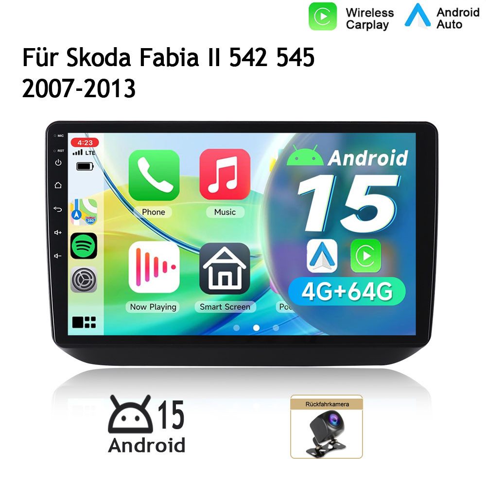 A-Sure 10.1 Zoll Für Skoda Fabia 2 II 2007-2013 Carplay 8-Core Android 15 GPS Autoradio (Digitalradio (DAB), FM, AM, 1280*800 IPS Screen CPU, RDS, DSP, GPS, SWC, UI Theme, Siri, Mirrorlink, Google play, Netflix, Youtube, Calendar, TikTok)