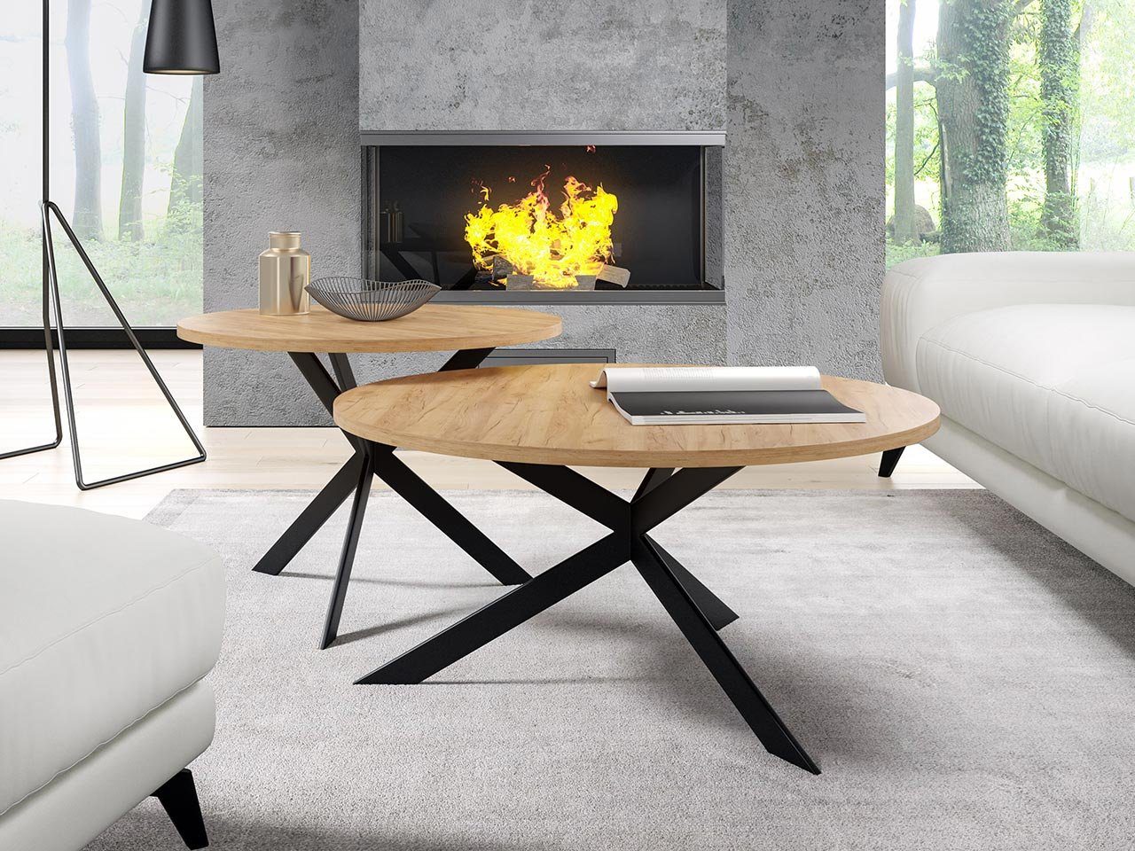 Mirjan24 Couchtisch Rajkon - Runder Tisch Mit Ablage In Eiche Craft Gold