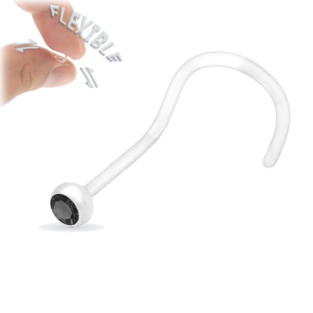 viva-adorno Nasenpiercing gebogen 0,8mm Nasenstecker Bioflex flexibel transparent Zirkonia, Kunststoff Kristall Strass