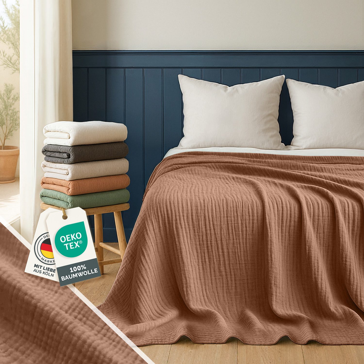 Blumtal Tagesdecke Tagesdecke Baumwolle - Musselin Decke Oeko-TEX zert. - Bettüberwurf, Couch Überwurf - leichte Kuscheldecke Baumwolle 100%