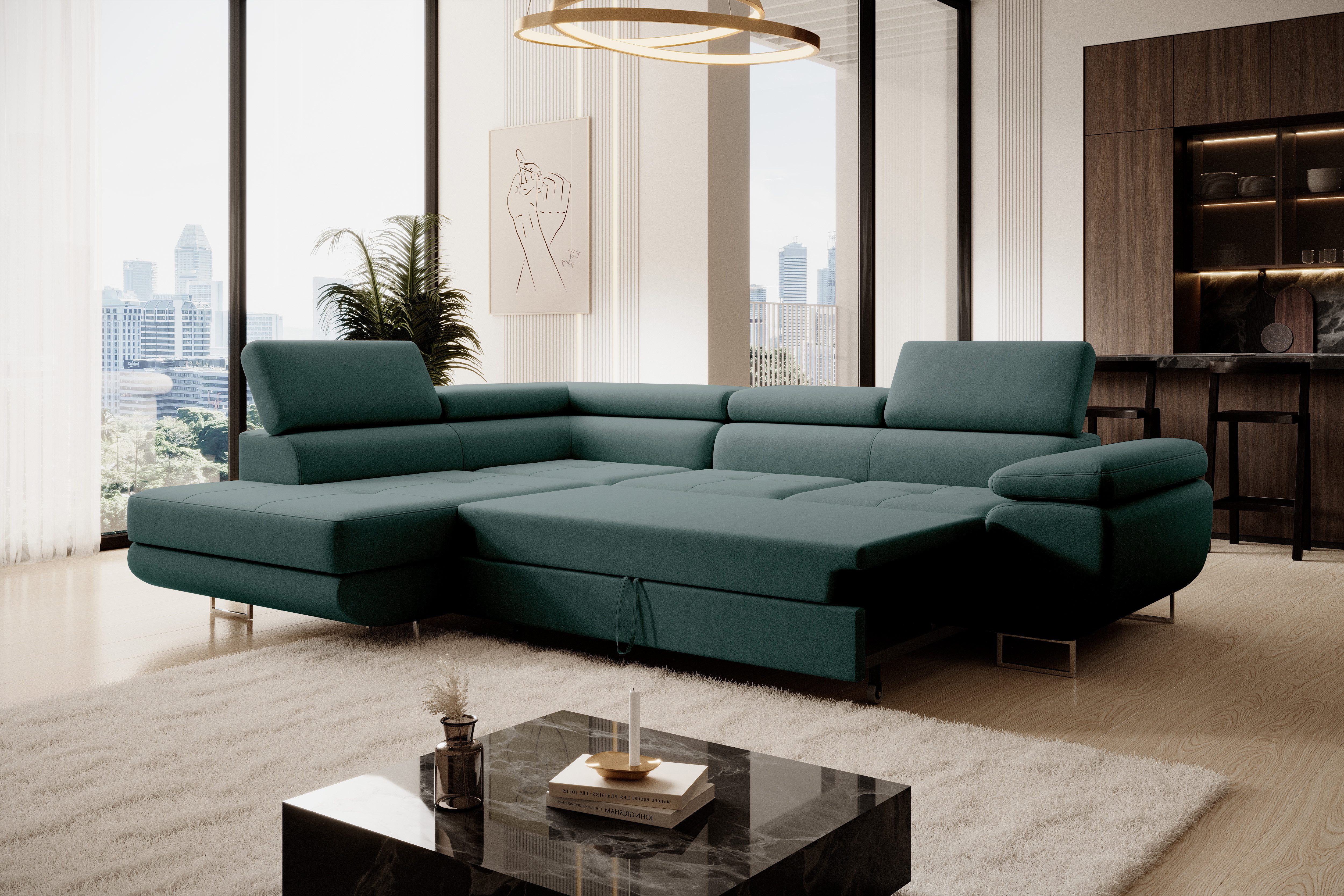 Muffo Ecksofa Wild Ecksofa mit Schlaffunktion, Verstellbare Kopfstützen, Schlaffunktion mit Bettkasten