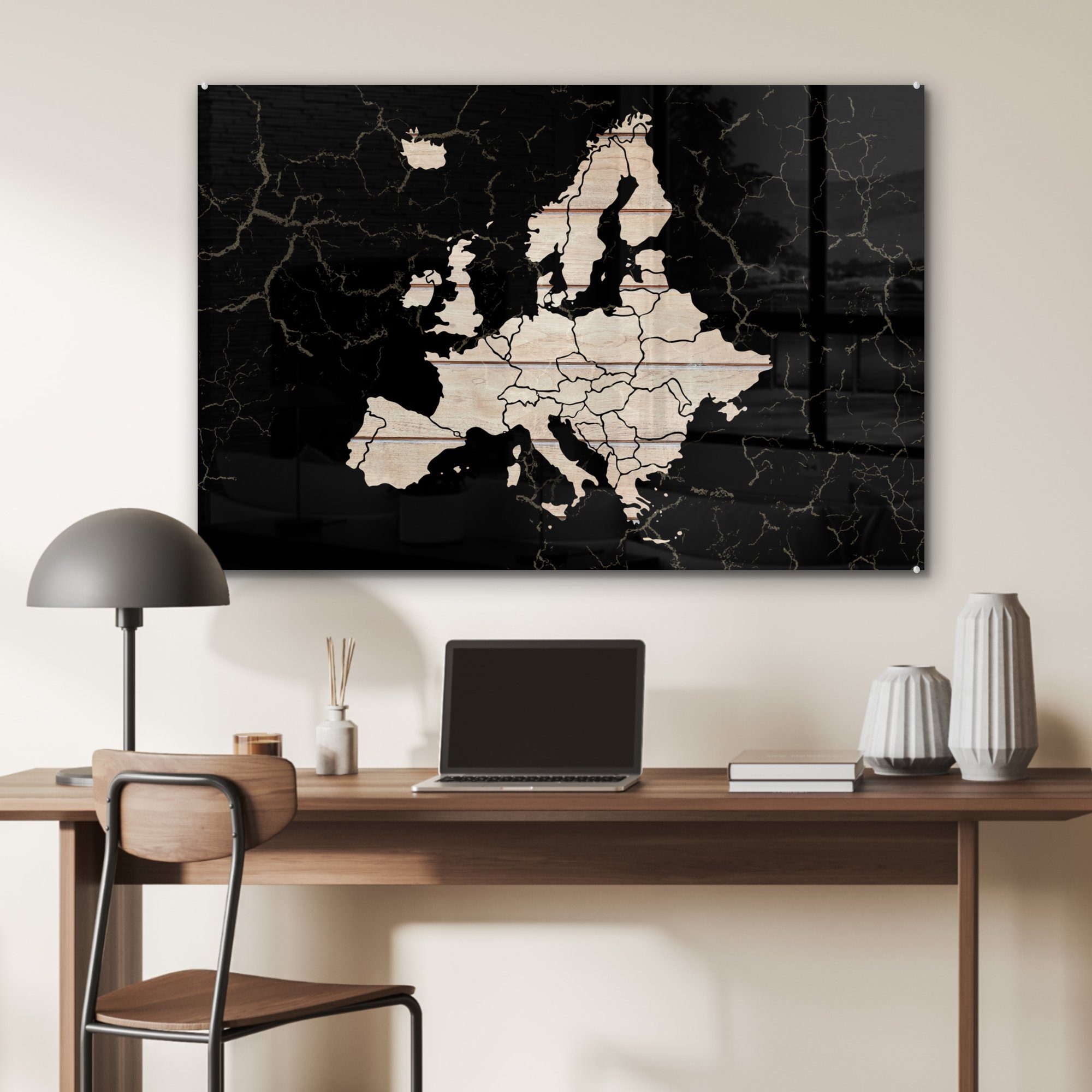 - Europa MuchoWow & Schwarz Karte Wohnzimmer Acrylglasbild (1 Acrylglasbilder Holz, von - St), Schlafzimmer