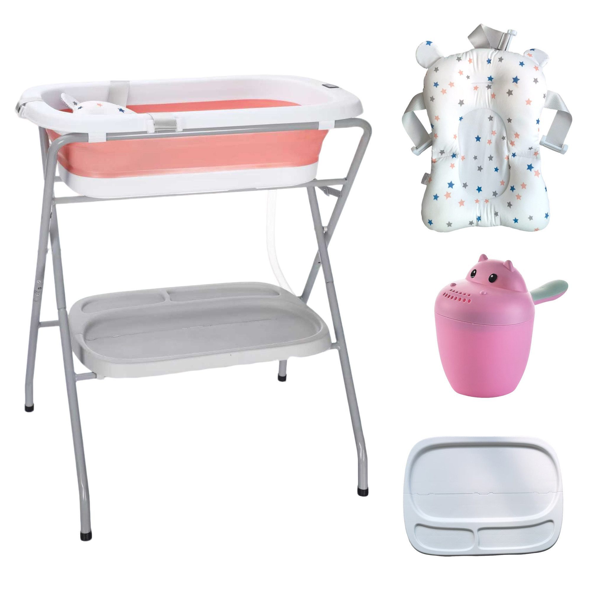 SEHAUSEU Babybadewanne Babywanne Badewanne mit Gestell faltbar, mit Thermometer, mit Abflussschlauch, Kissen–Matratze, Ablagebrett, Haarwaschbecher