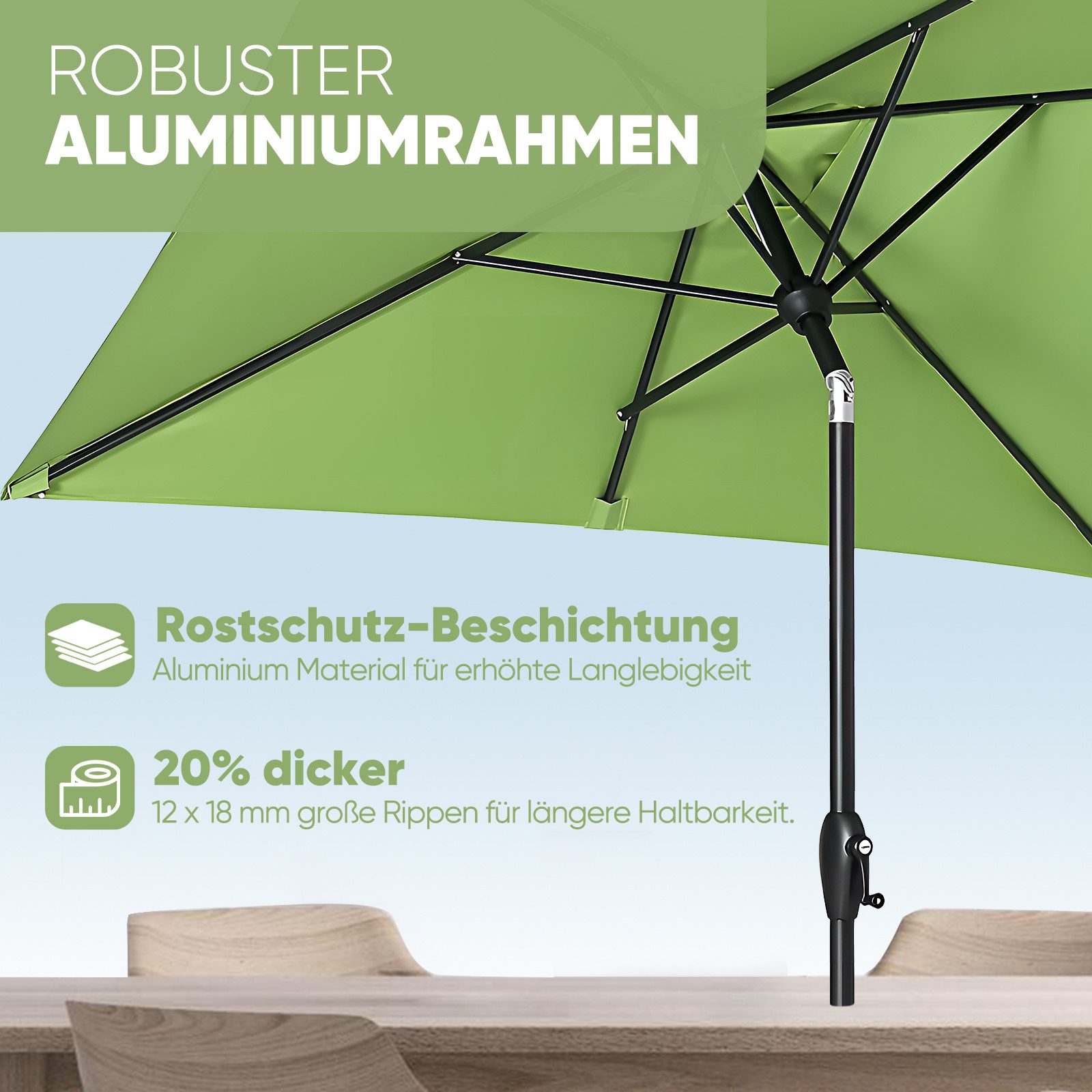 Sekey Sonnenschirm 210 x 140 cm Aluminum Sonnenschirm Rechteckig Marktschirm mit Kurbel, LxB: 210,00x140,00 cm, mit/ohne LED-Lichtern, Sonnenschutz UV50+, Gartenschirm Knickbar