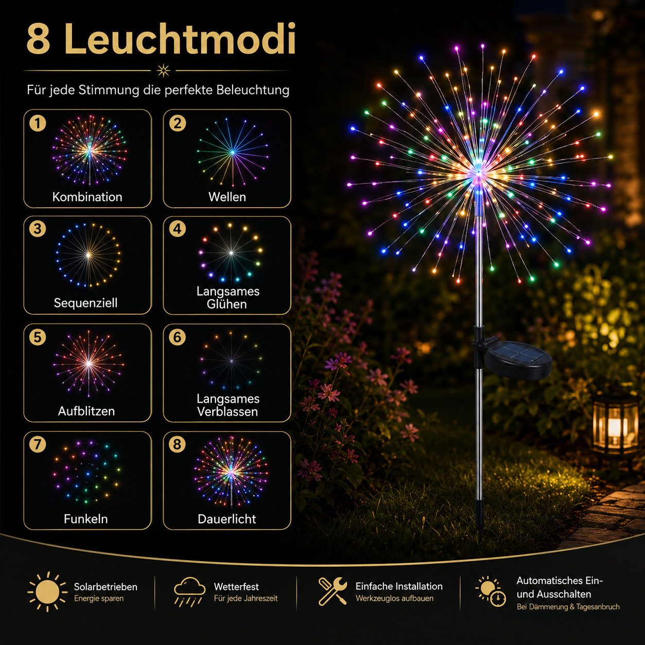 pedete LED Solarleuchte LED Solar Gartendeko 4 Stück Solarlampen Garten 80 LED Feuerwerk, LED fest integriert, gartendeko, solarlampen für außen, Warmweiß, Bunt – Bild 4 von 5