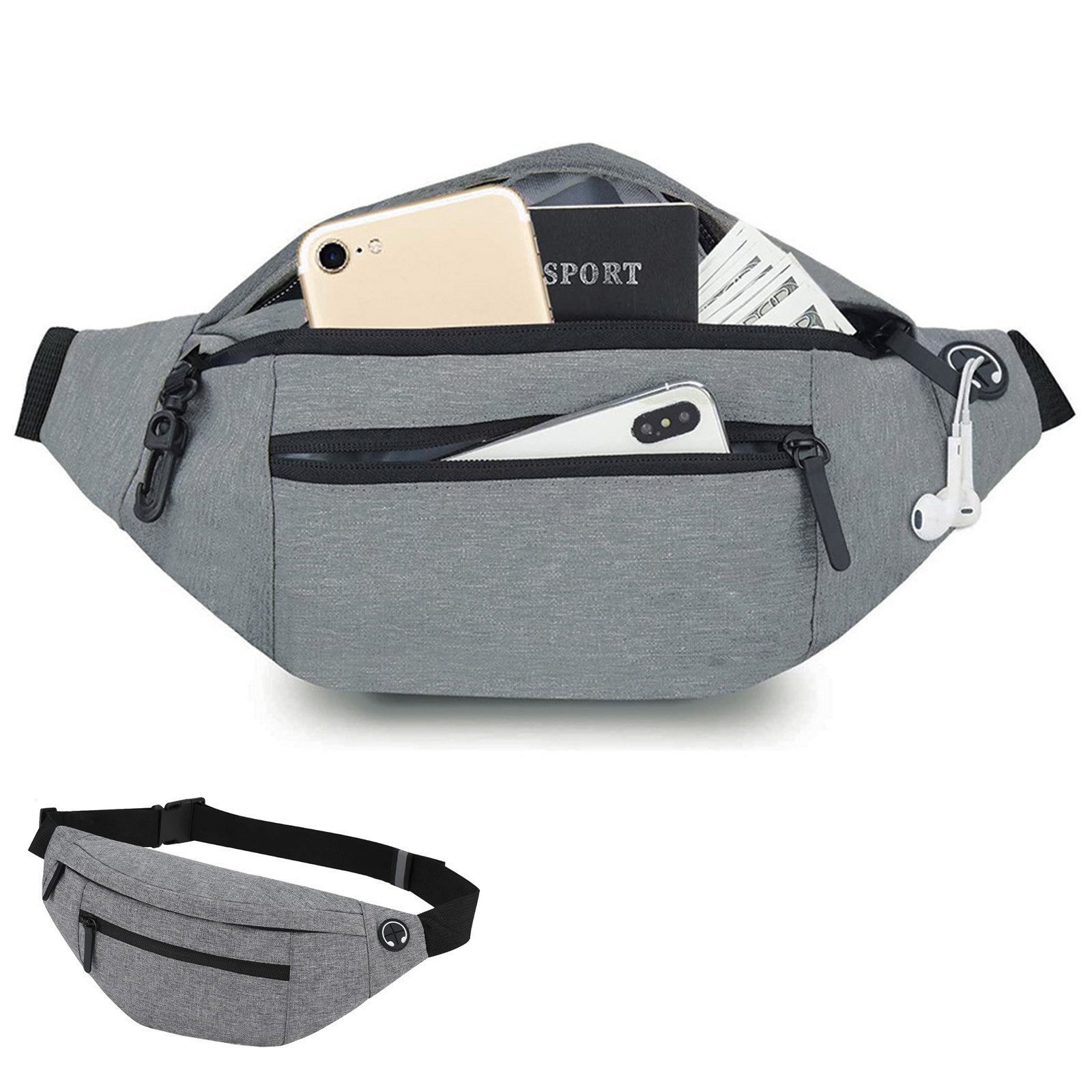 REDOM Gürteltasche Crossbody-Tasche 15x15x14 cm Nylon Grau Umhängetasche Freizeit Reise (159 g leicht, verstellbarer Gurt, wasserabweisend mit Kopfhöreröffnung, 1-tlg., Geldgürtel, Handytasche, Anti-Diebstahl), 3 Reißverschlussfächer + Rückfach für Handy Pass Karten Schlüssel