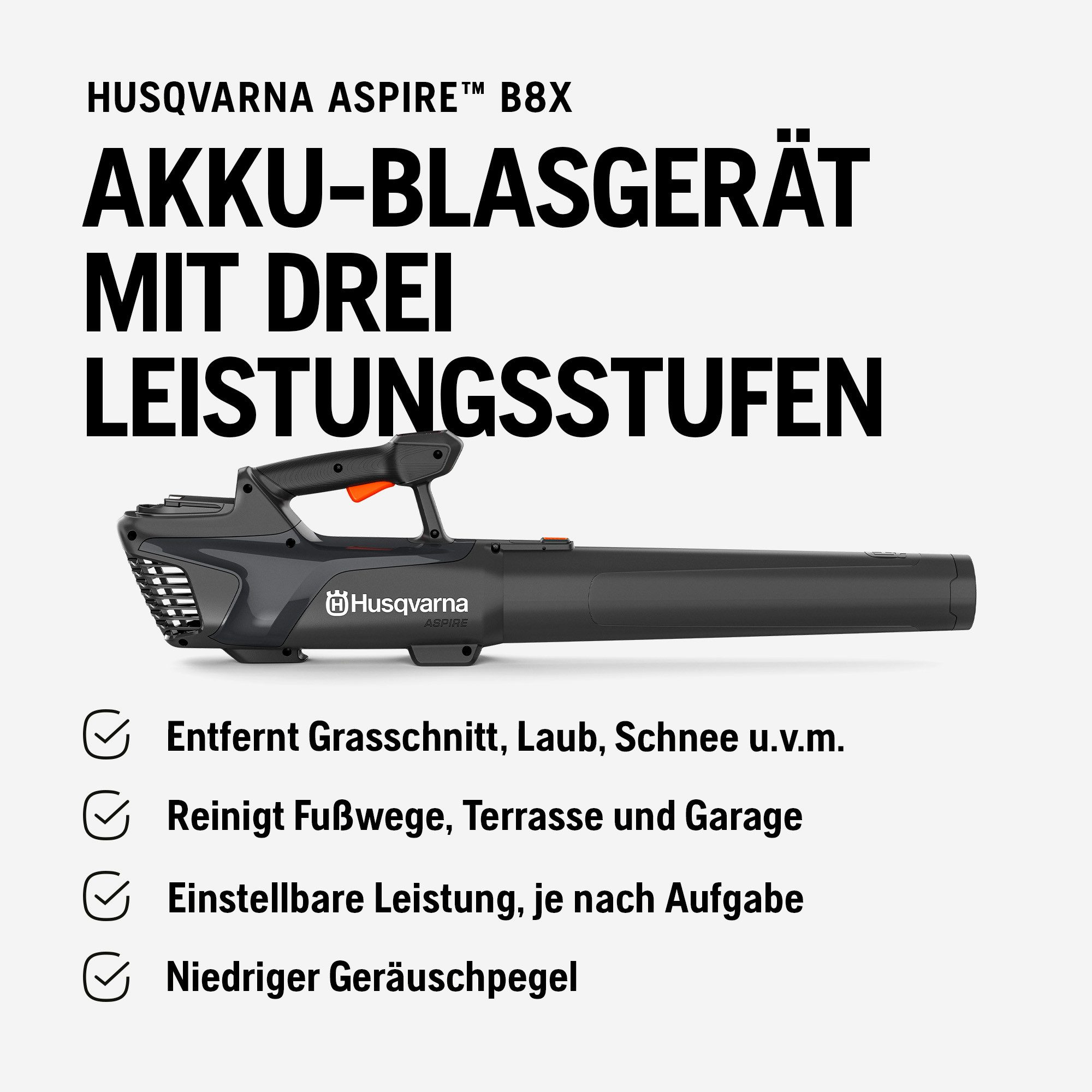 Husqvarna Akku-Laubbläser Aspire B8X-P4A, 3 Geschwindigkeits Stufen, abnehmbares Rohr, leichte Handhabung – Bild 5 von 5