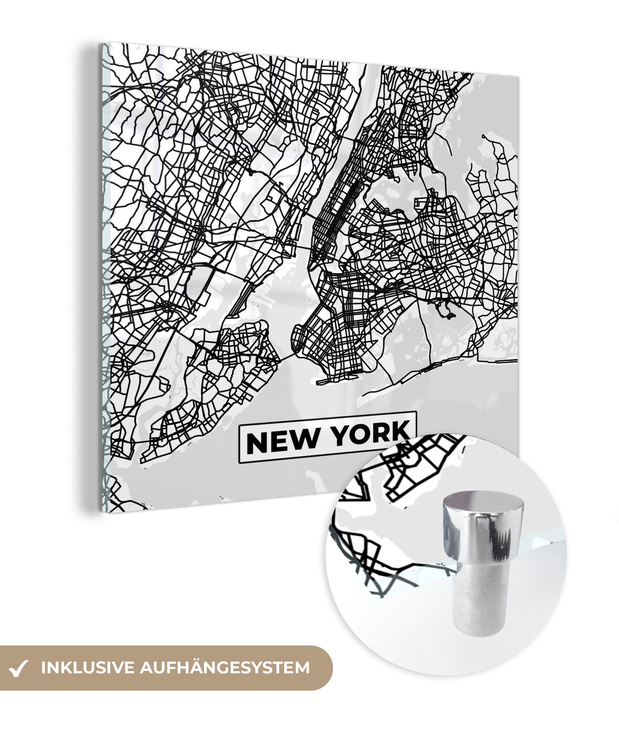 MuchoWow Acrylglasbild Stadtplan - Karte Bilder Weiß, Glas Wandbild New - St), Foto Glasbilder - - (1 - und Wanddekoration York Glas auf auf Schwarz von