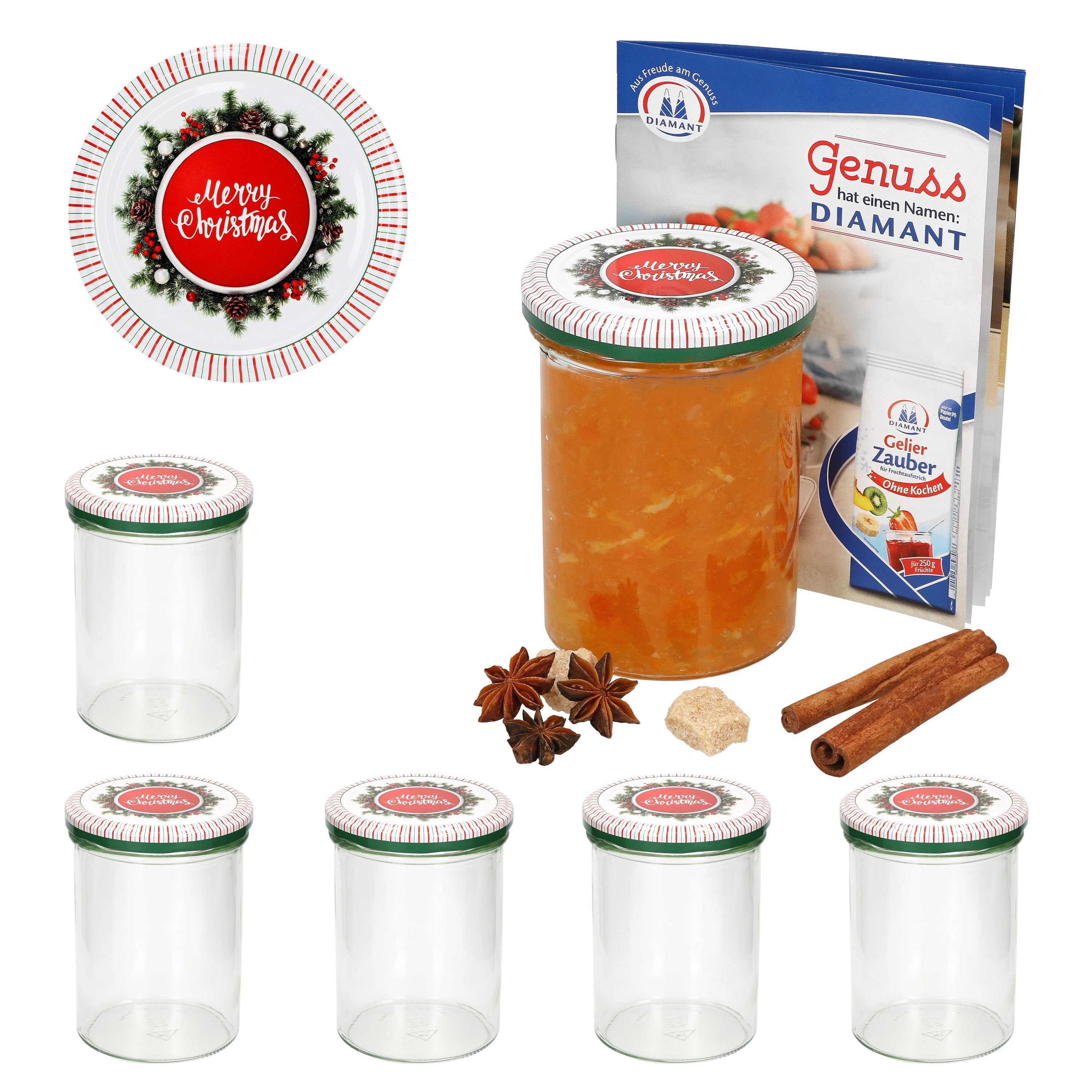 MamboCat Einmachglas 6er Set Sturzglas 435 ml To 82 Merry Christmas Deckel incl. Rezeptheft, Glas