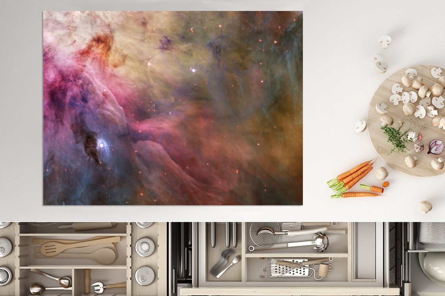 (1 Der Orionnebel, nutzbar, cm, fotografiert MuchoWow Vinyl, 70x52 tlg), dem Ceranfeldabdeckung Herdblende-/Abdeckplatte Hubble-Teleskop, Arbeitsfläche mit Mobile