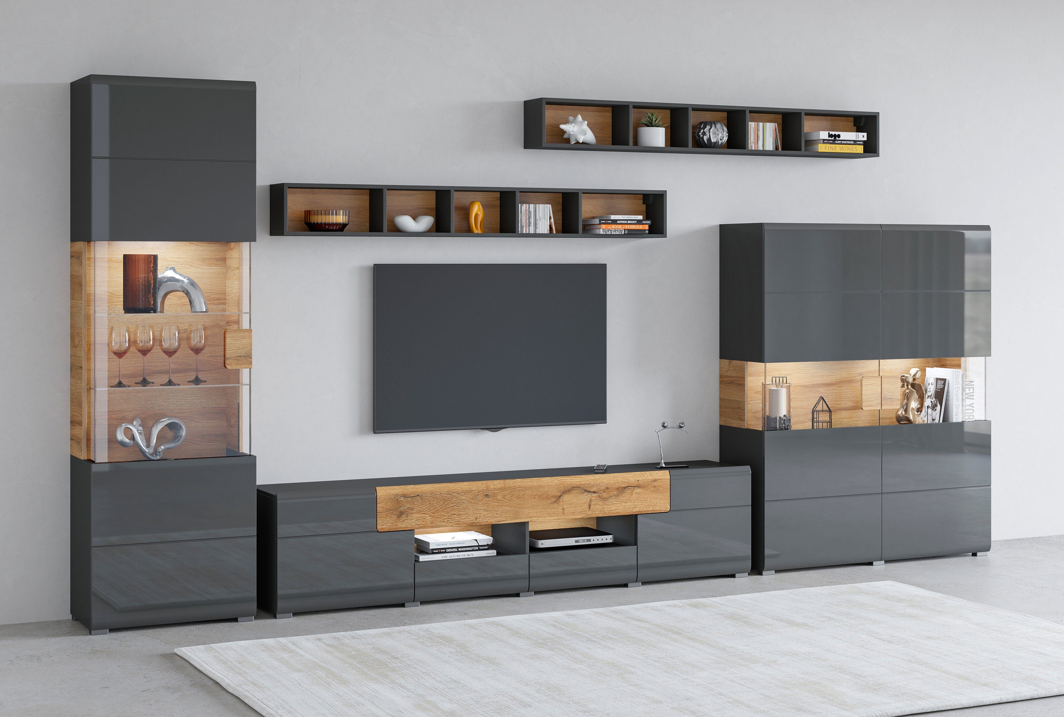 INOSIGN Wohnwand Toledo,Breite 384cm stilvolle Mediawand ohne Beleuchtung, (Set, 5-St), Anbauwand(Vitrine,Lowboard,Highboard,2xHängeregal)MDF Hochglanzfronten