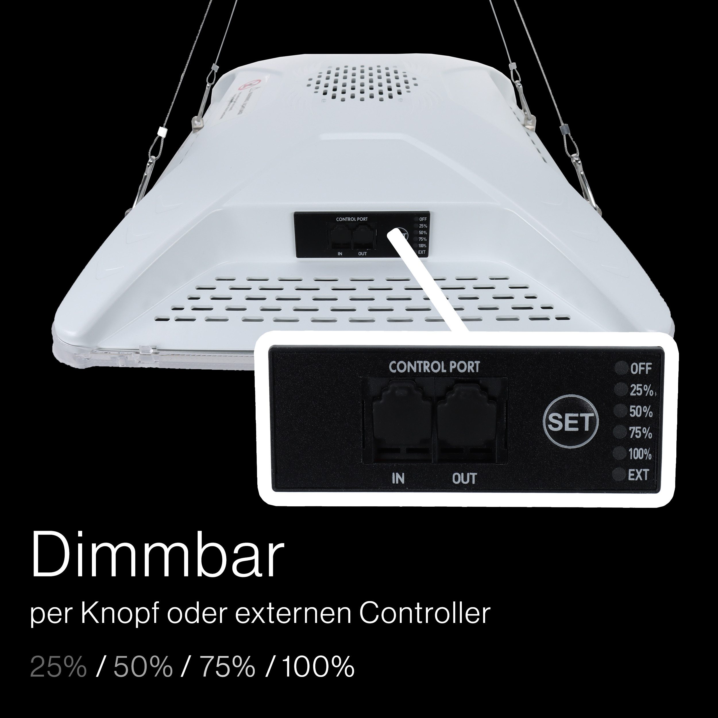 Die Bold GmbH Pflanzenlampe Grow Lampe 200 Watt (Dimmbar, Inkl. höhenverstellbarer Aufhängung), LED fest integriert, [Spritzwassergeschützt nach IP65, Wachstum & Blüte, Aktive Kühlung]