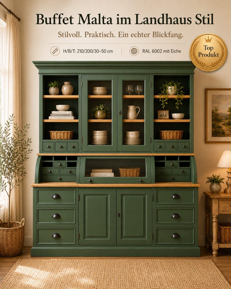 Wohnpalast Buffet Landhaus Buffet Schrank Malta Ladenschrank laubgrün mit Eiche 200 cm