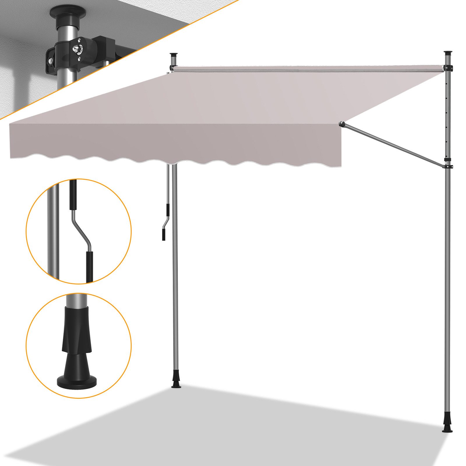 Klemmmarkise Klemmmarkise Balkonmarkise 250cm mit Handkurbel ohne Bohren Beige