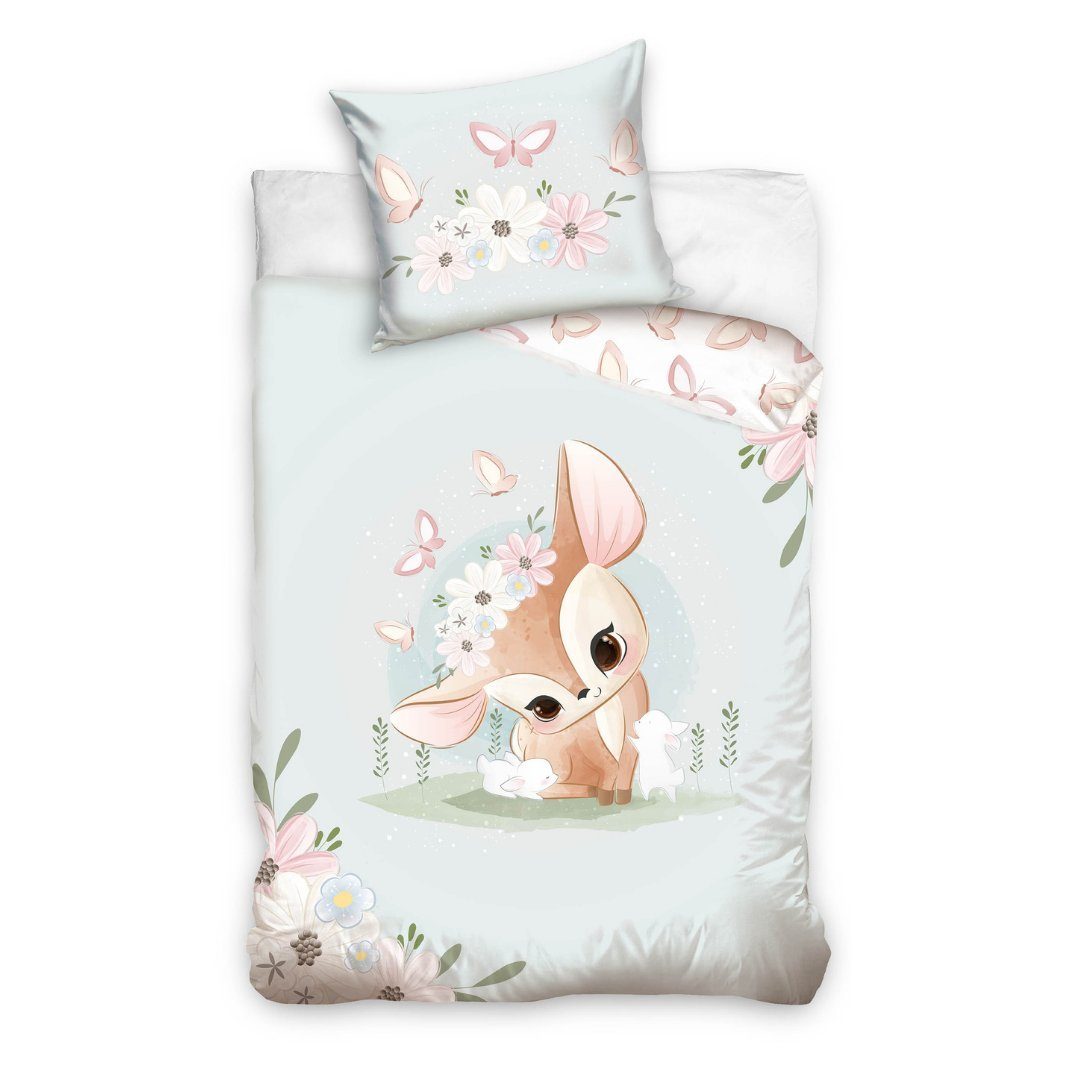 MTOnlinehandel Kinderbettwäsche Blumen Reh, Hase & Schmetterling 135x200 + günstig online kaufen