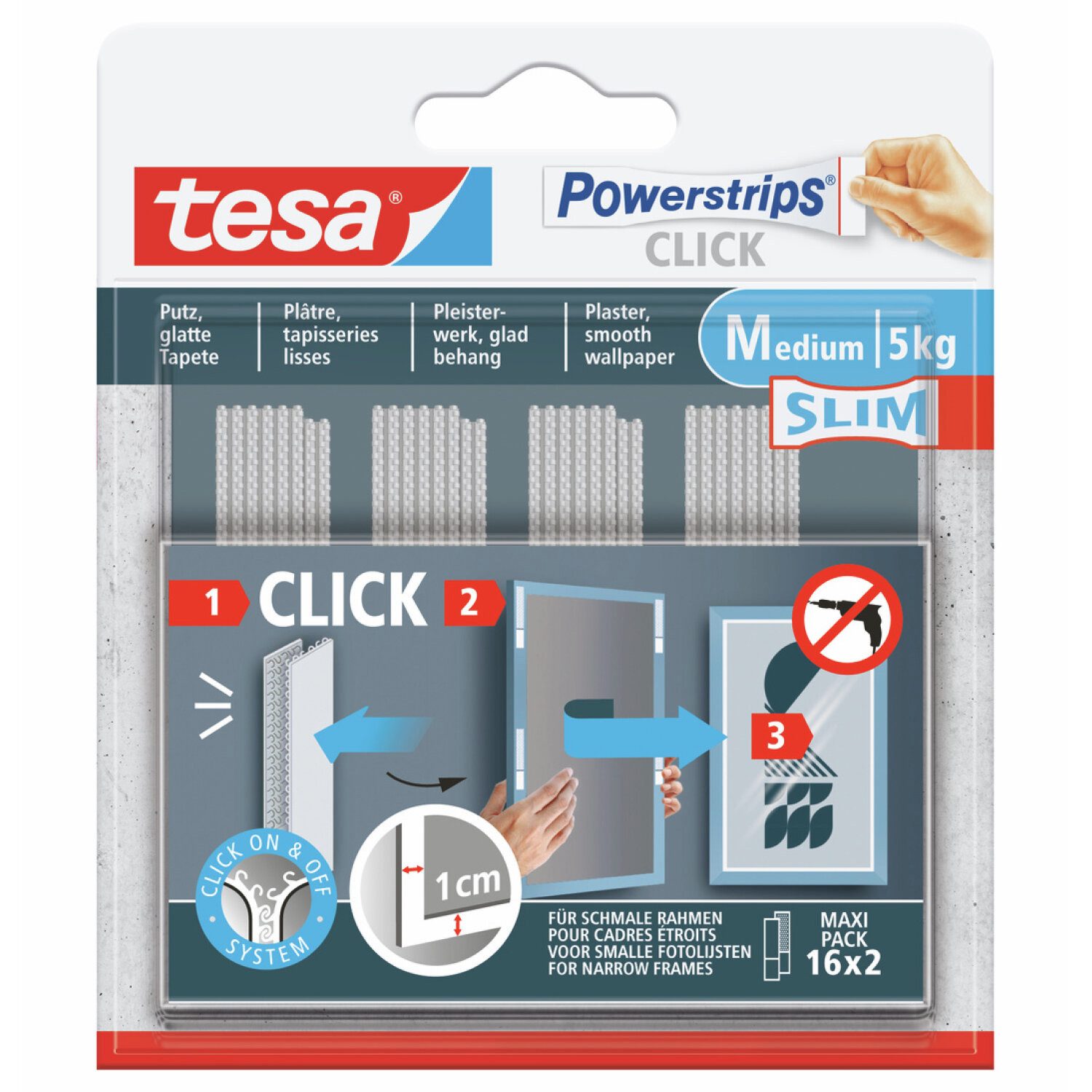 tesa Klebehaken, (1-St., Klettband-Strips mit ON und OFF Click-System - Slim - 4 x 2 Stück), Bilderrahmen und Wanddekorationen ohne Bohren - selbstklebend